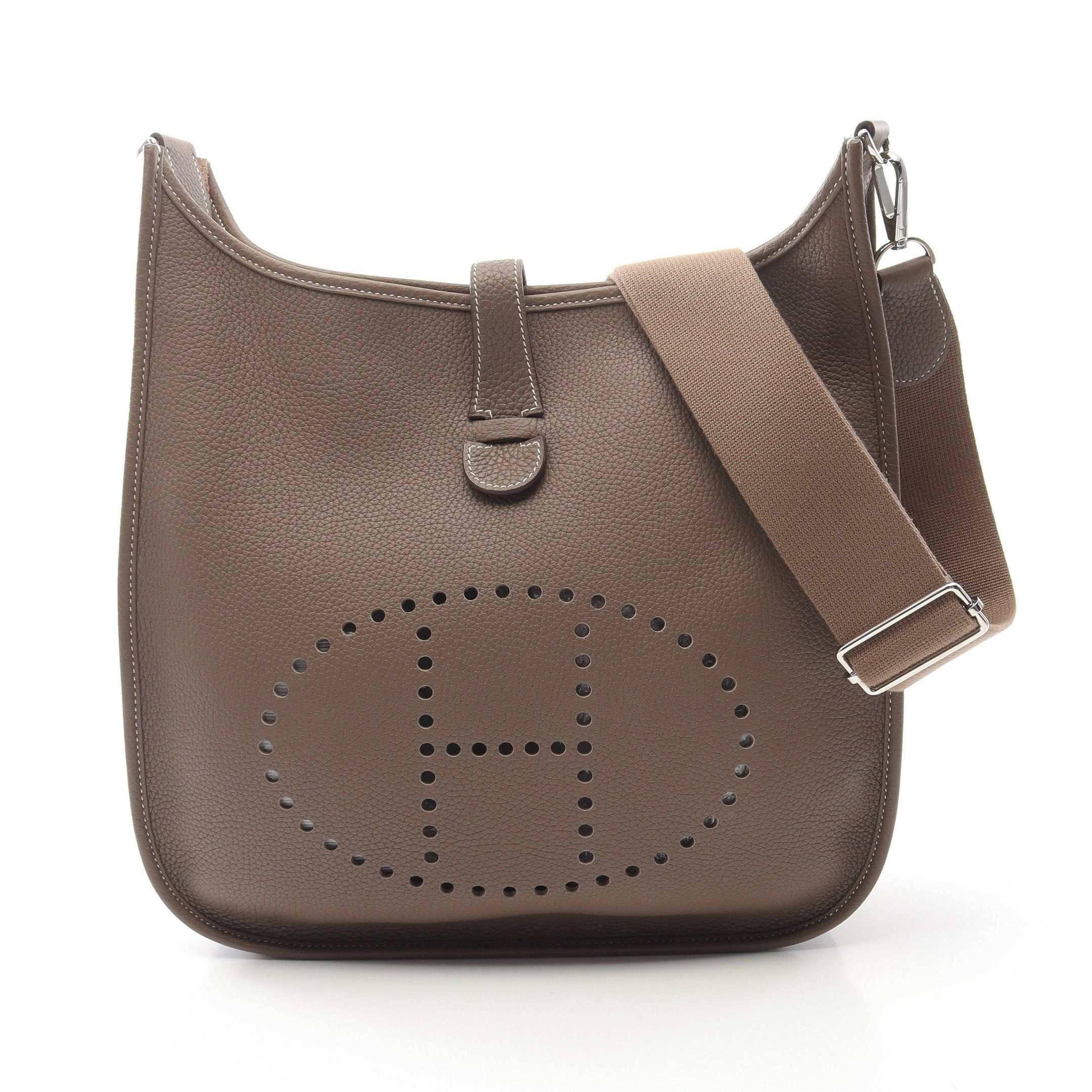 Hermes Evelyn 3 Troyes Gm Etoupe Shoulder Bag Clemence Leather Gray Brown Silver Hardware D Stamp, Women's