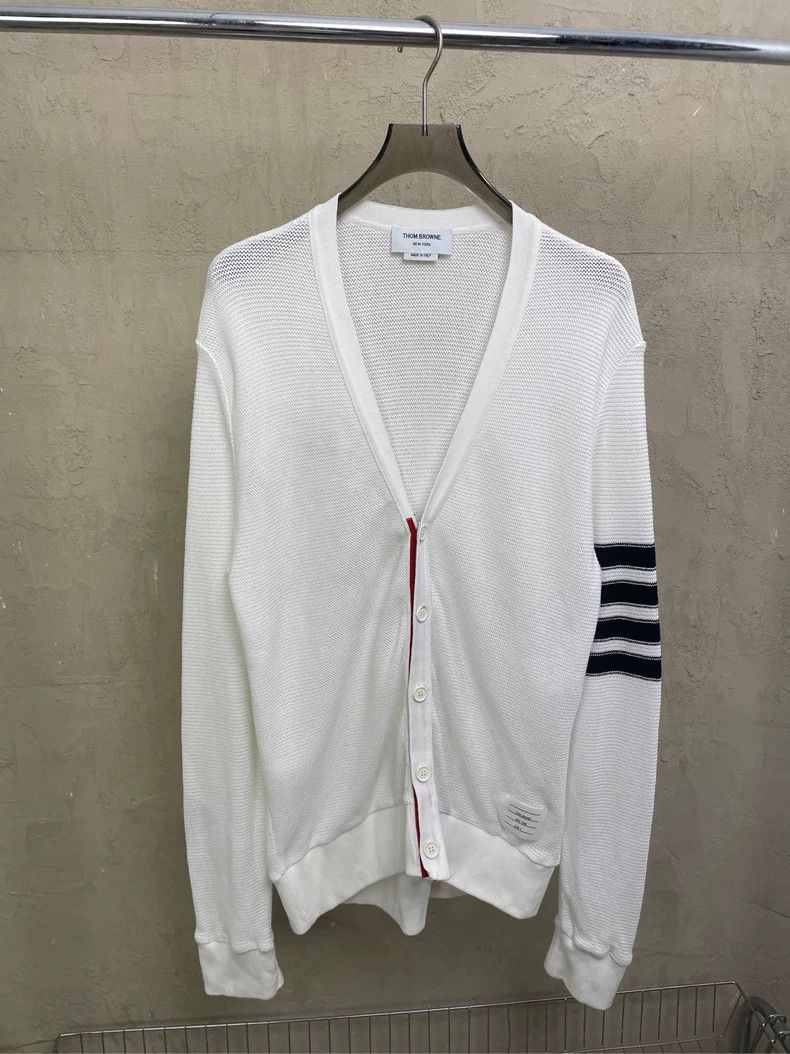 Thom Browne Thom browne White four-stripe knitted cardigan jacket 2504- Size US XL / EU 56 / 4 - 1 Thumbnail