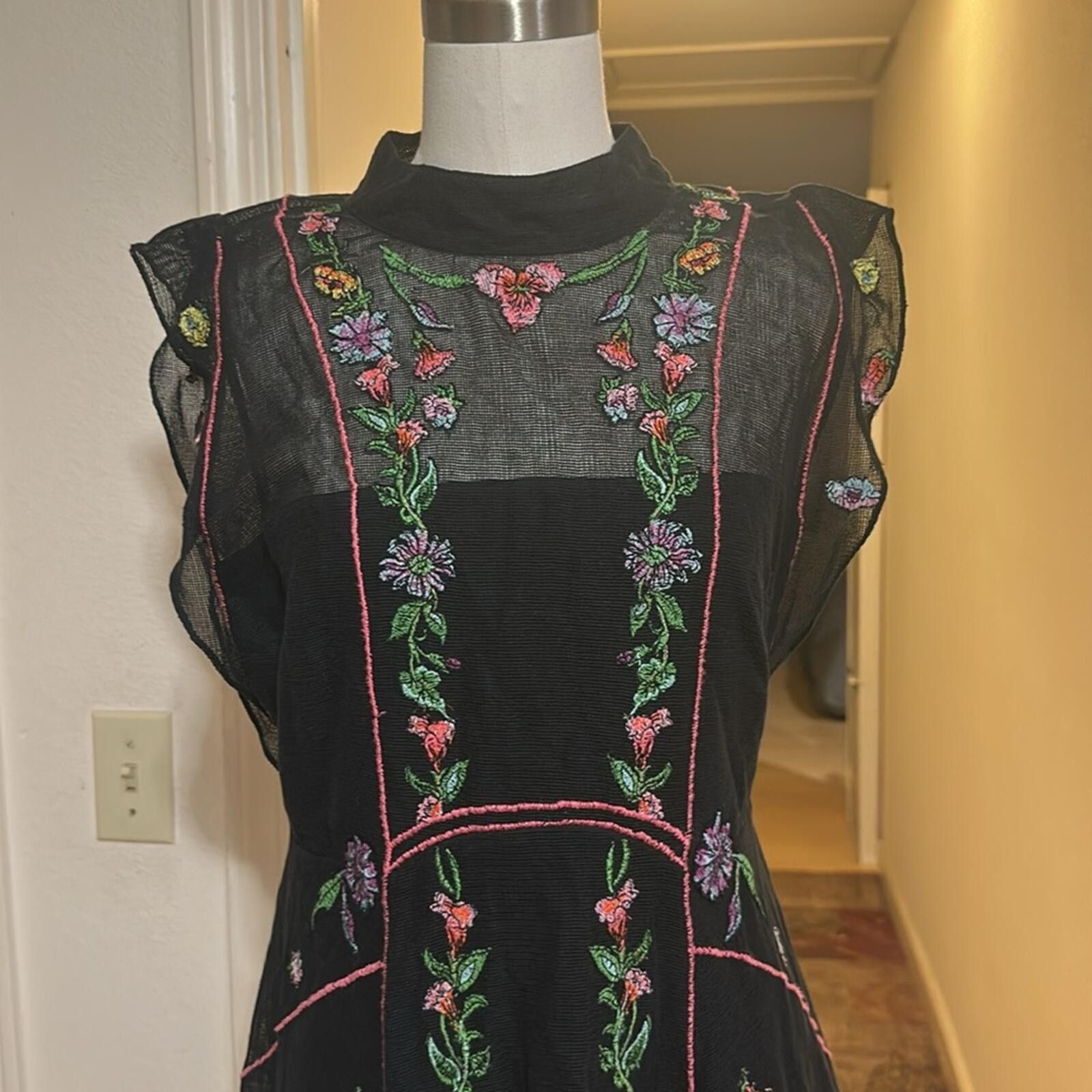 Free People Black Riviera Embroidered Illusion Mini Dress Size XL / US 12-14 / IT 48-50 - 7 Thumbnail