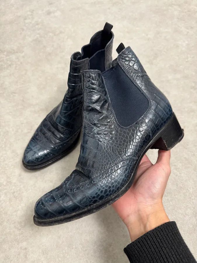 Miu Miu Miu Miu Dark Navy Crocodile Embossed Leather Chelsea Boot Brogue Size US 5.5 / EU 38 - 1 Thumbnail