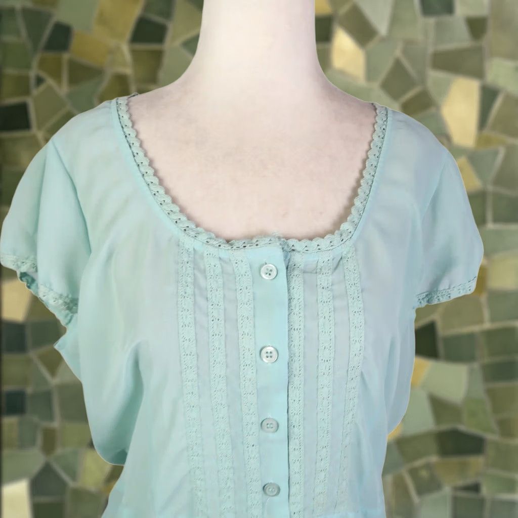 CO VINTAGE New York City Design Co Blouse Shirt Mint Green-Blue Pintuck Short Sleeve 12 Womens Size XL / US 12-14 / IT 48-50 - 1 Thumbnail