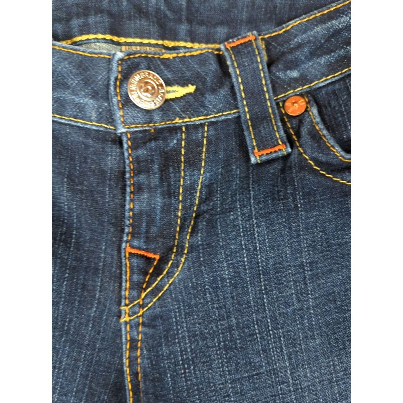 True Religion VINTAGE True Religion Jeans 5-Pocket Regular Bootcut Blue Women 29 Dark Wash Cotton Elastane Belt Loops Zip Pocket Design American Theme Size 29" - 4 Thumbnail