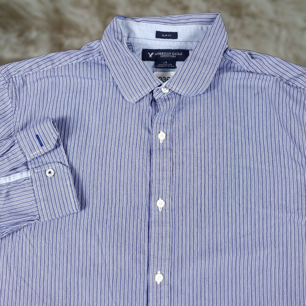 American Eagle Outfitters American Eagle Outfitters Shirt Mens Large Blue Striped Button-Up Long Sleeve Casual Classic Mens Size US L / EU 52-54 / 3 - 1 Thumbnail