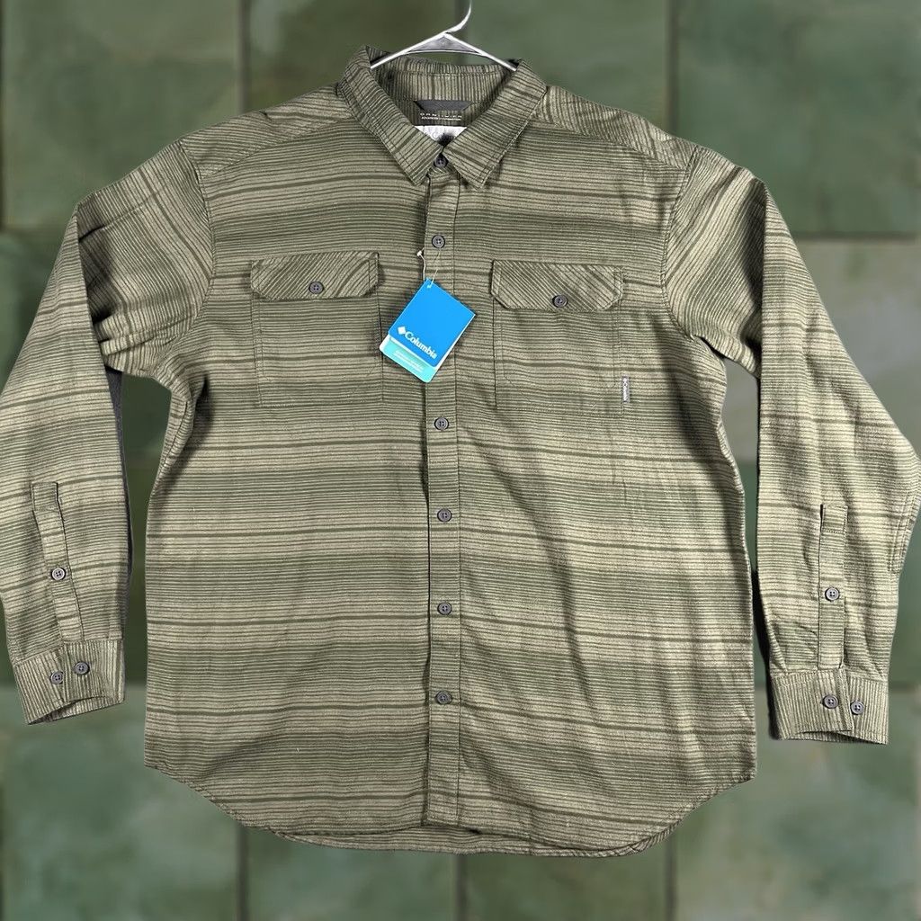 Olive Columbia Button-Up Shirt Men XL Olive Green Stripes Omni-Wick Fishing Hunting Button-Down Collared Long Sleeve Size US XL / EU 56 / 4 - 1 Thumbnail