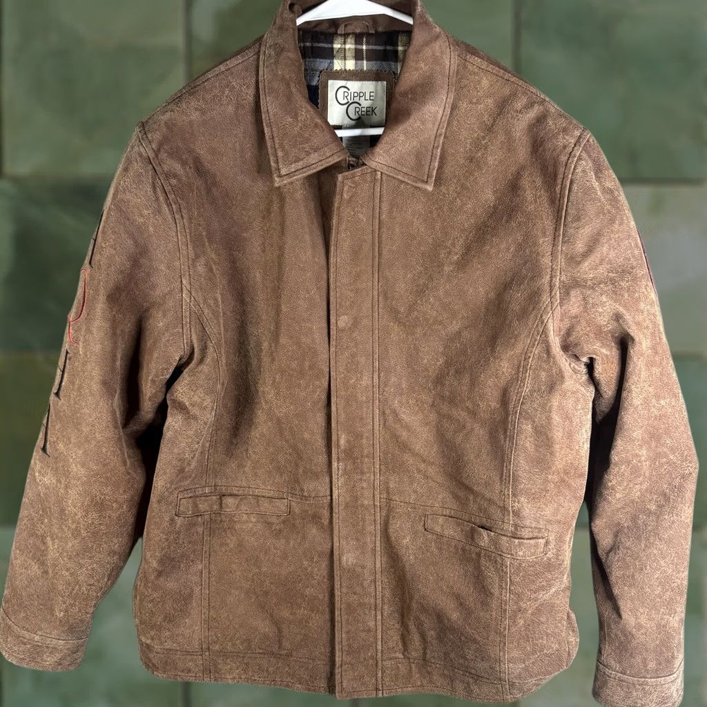 Vintage Cripple Creek Mens Large Brown Leather Bomber Jacket AQHA World Championship Show Judge Patch Embroidered Zipper Parkas & Coats Style M19708A Size US L / EU 52-54 / 3 - 1 Thumbnail