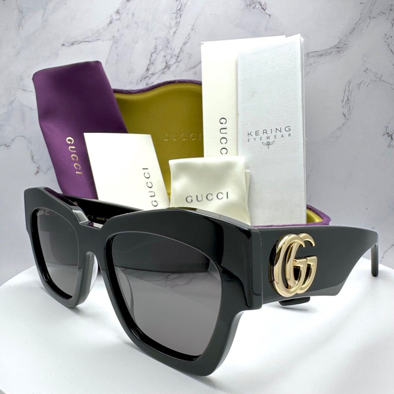 Gucci Gucci Sunglasses Black Cat Eye Gold Interlocking GG Logo Size ONE SIZE - 1 Thumbnail