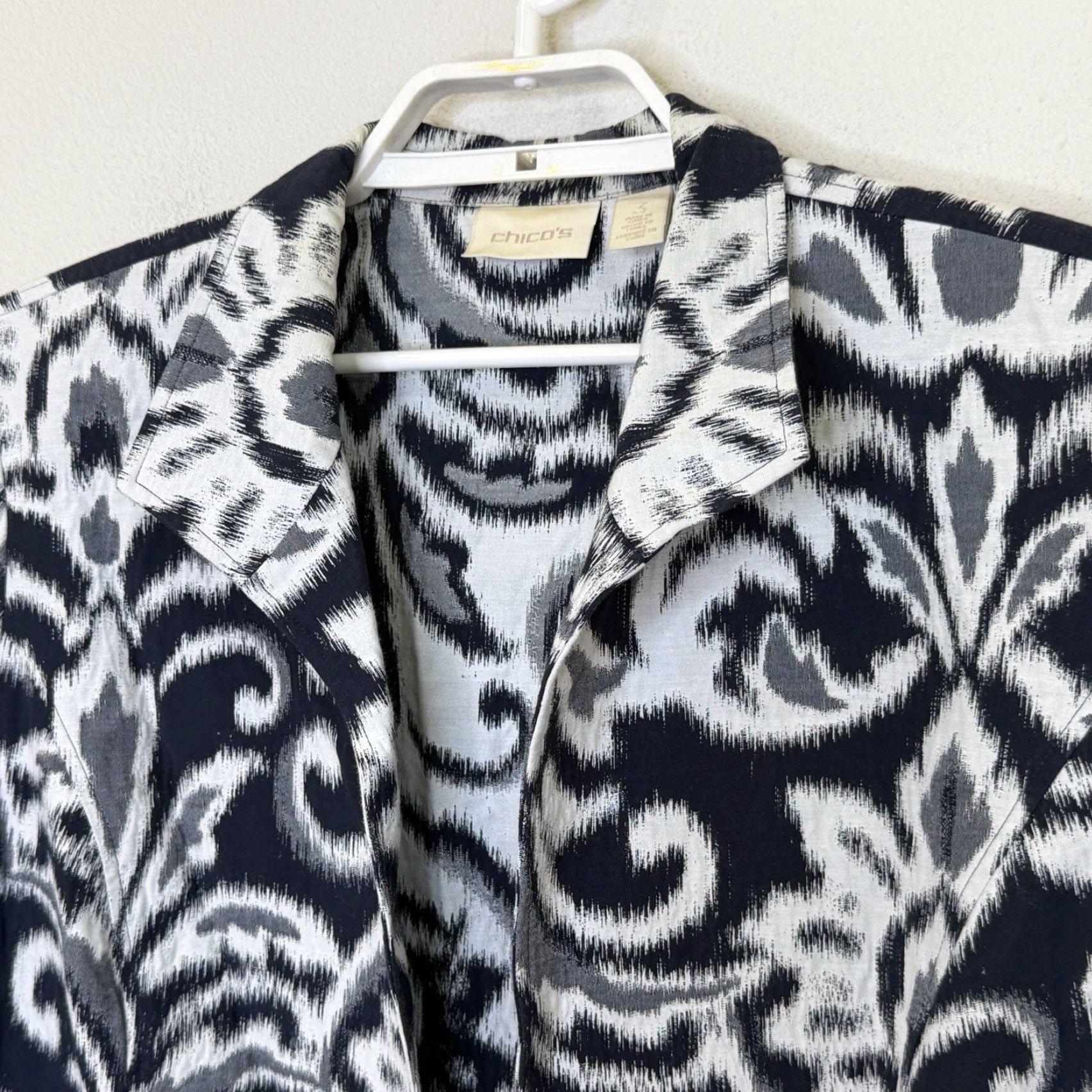 Vintage Chico’s Jacket Open Front Size 3 XL Dark Blue Print Long Sleeve Collared Pockets Size XL / US 12-14 / IT 48-50 - 2 Thumbnail