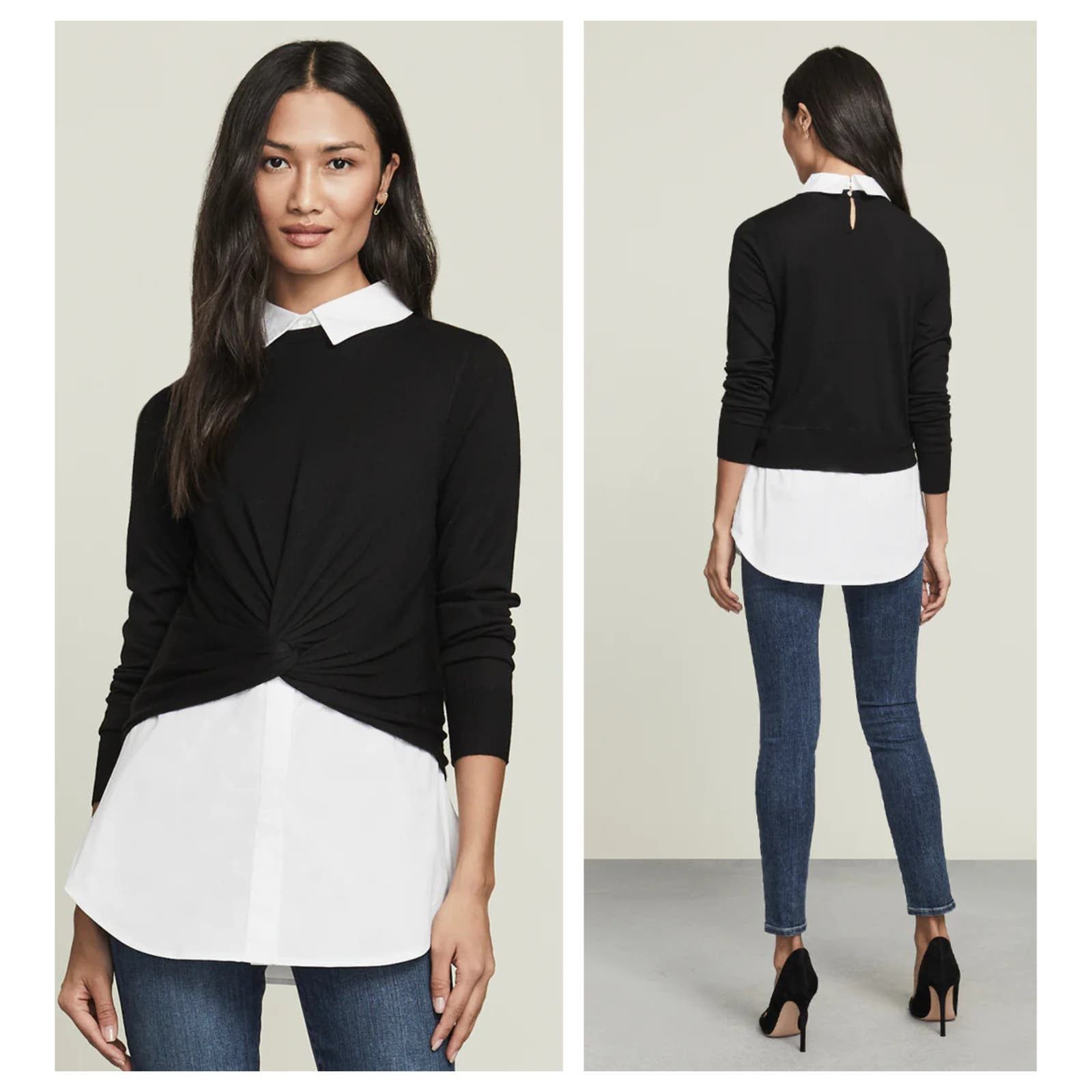 image of Veronica Beard Phebe Mixed-Media Pullover Size Medium in Black, Women's