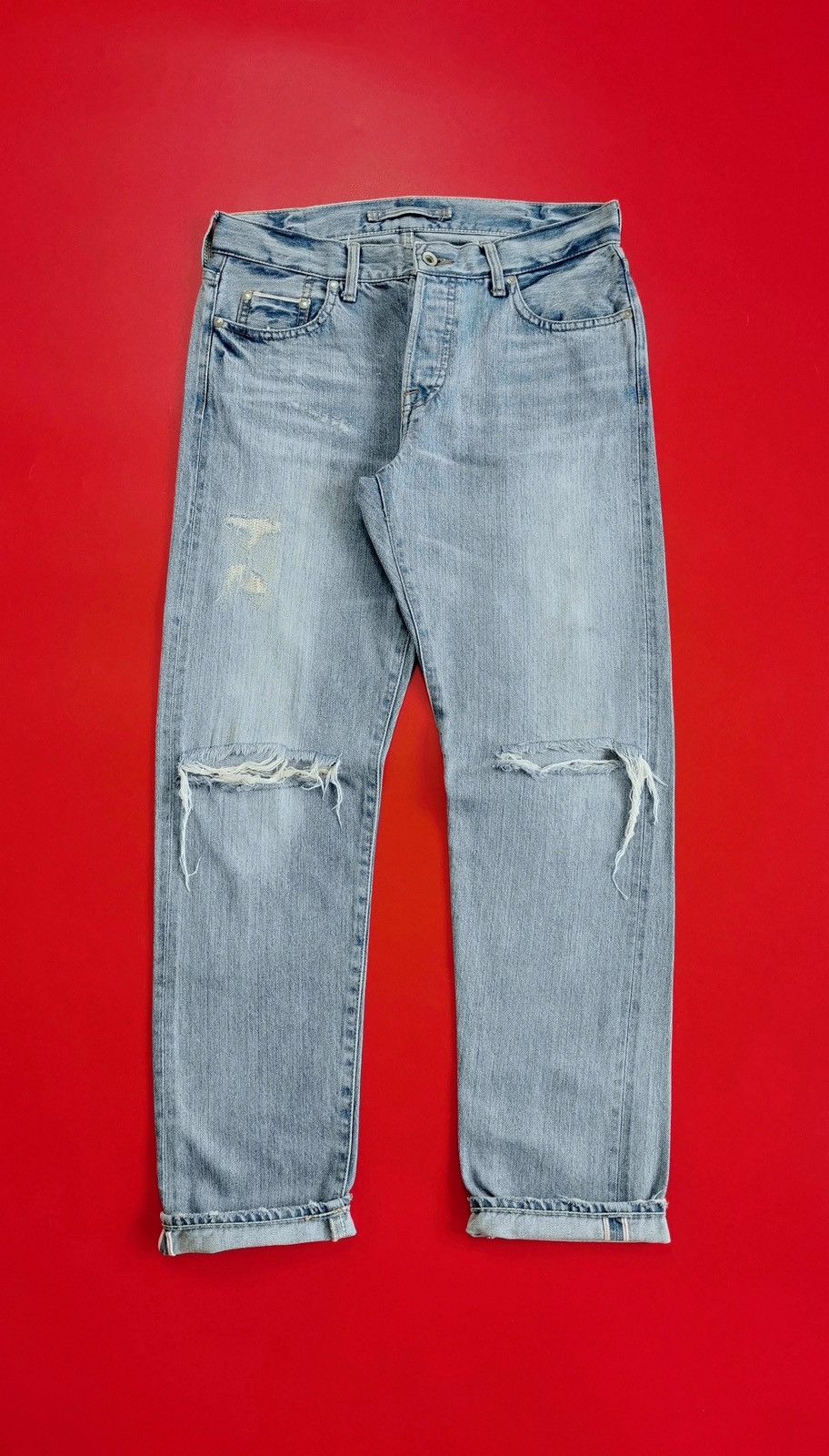 GOA GOA Selvedge Straight Leg Distressed Light Wash Jeans Size US 31 - 1 Thumbnail