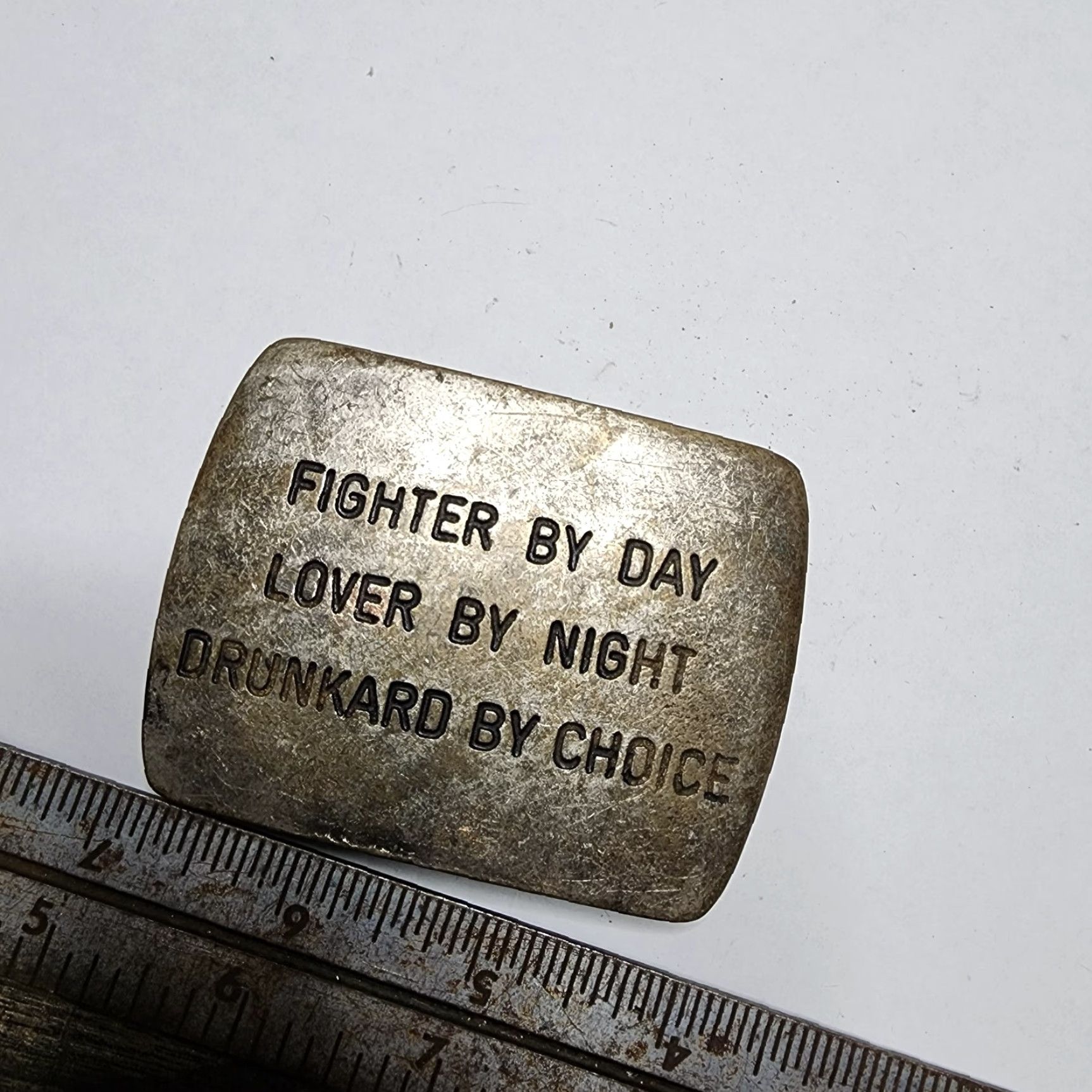 Vintage VINTAGE 1980s Silver Fighter by Day Lover by Night Drunkard by Choice Belt Buckle Awareness Art Nouveau Adult Unisex Size ONE SIZE - 3 Thumbnail
