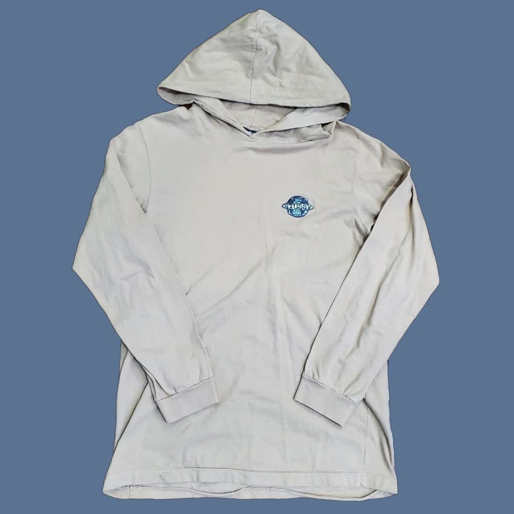 VINTAGE Stussy Hoodie Mens M Beige Lightweight Pullover Long Sleeve Logo Shirt