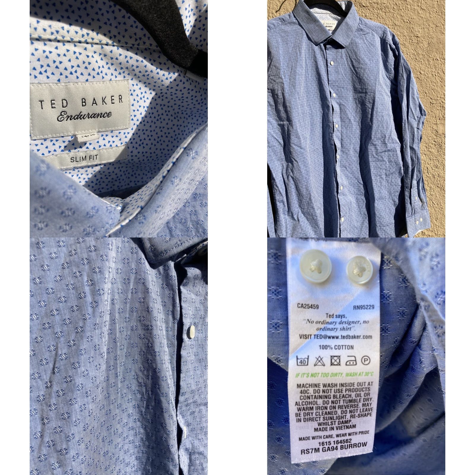 Ted Baker Ted Baker Button-Down Shirt Geometric Blue 16.5 Mens Regular Pocket Logo Embroidered Cotton Blend Endurance Size US XL / EU 56 / 4 - 8 Thumbnail