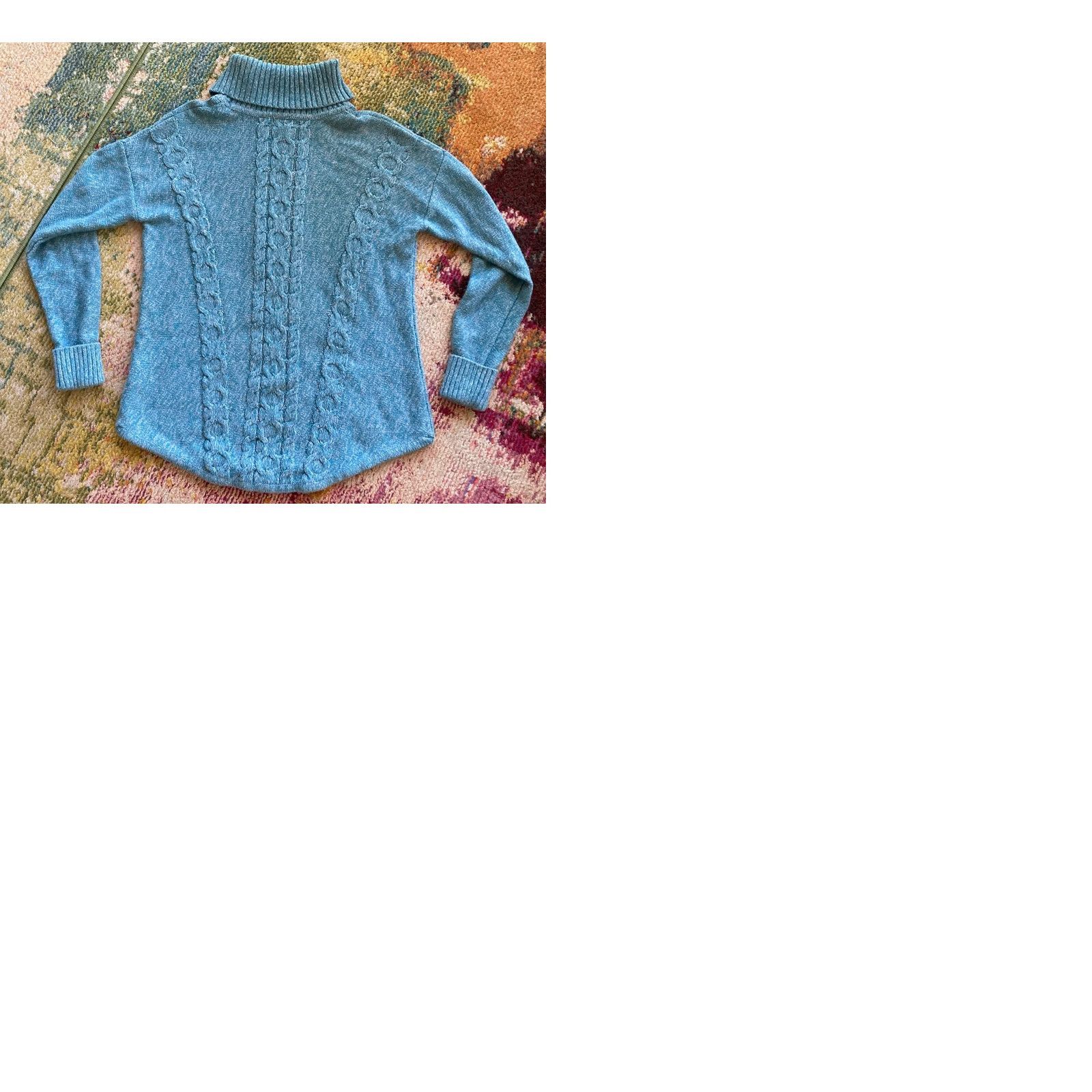 Vintage L.L. Bean Sweater Womens Large Turquoise Cotton Cable Knit Turtleneck Size L / US 10 / IT 46 - 9 Thumbnail