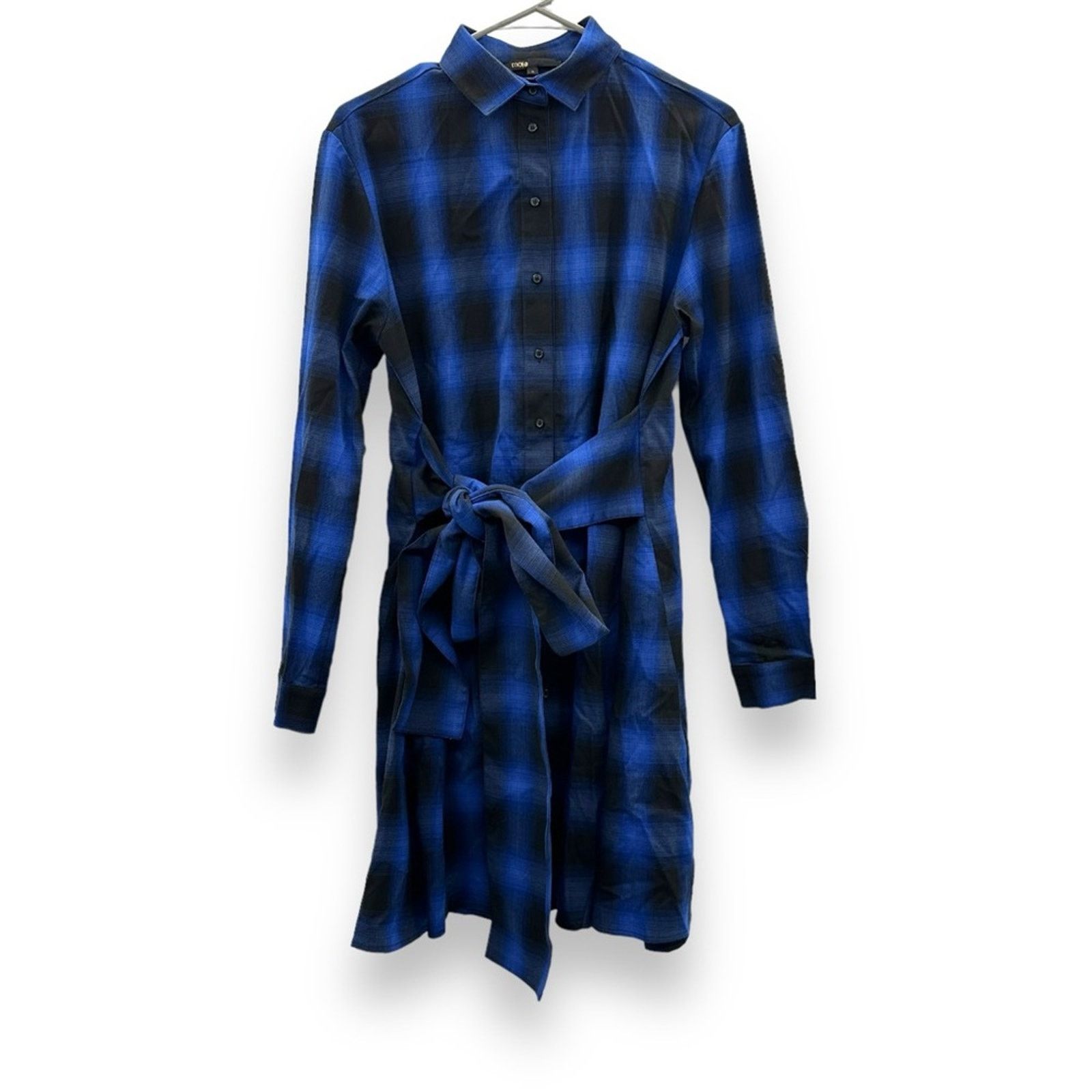 Maje Maje Rulyl Blue & Black Plaid Checkered Tie Front Dress Size L / US 10 / IT 46 - 2 Thumbnail