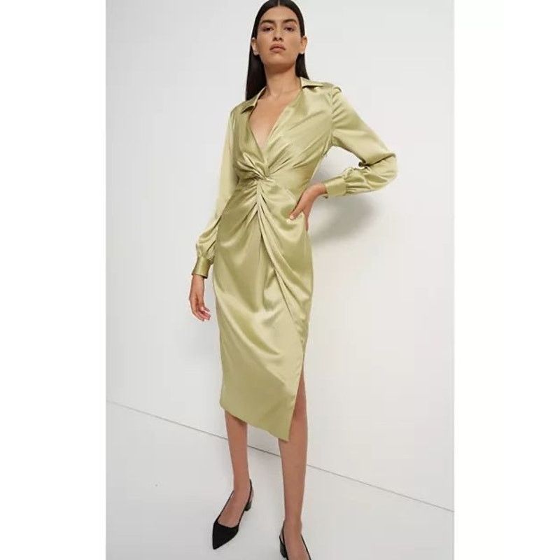 Theory Twist Front Satin Midi Dress in Lime Green sz 00