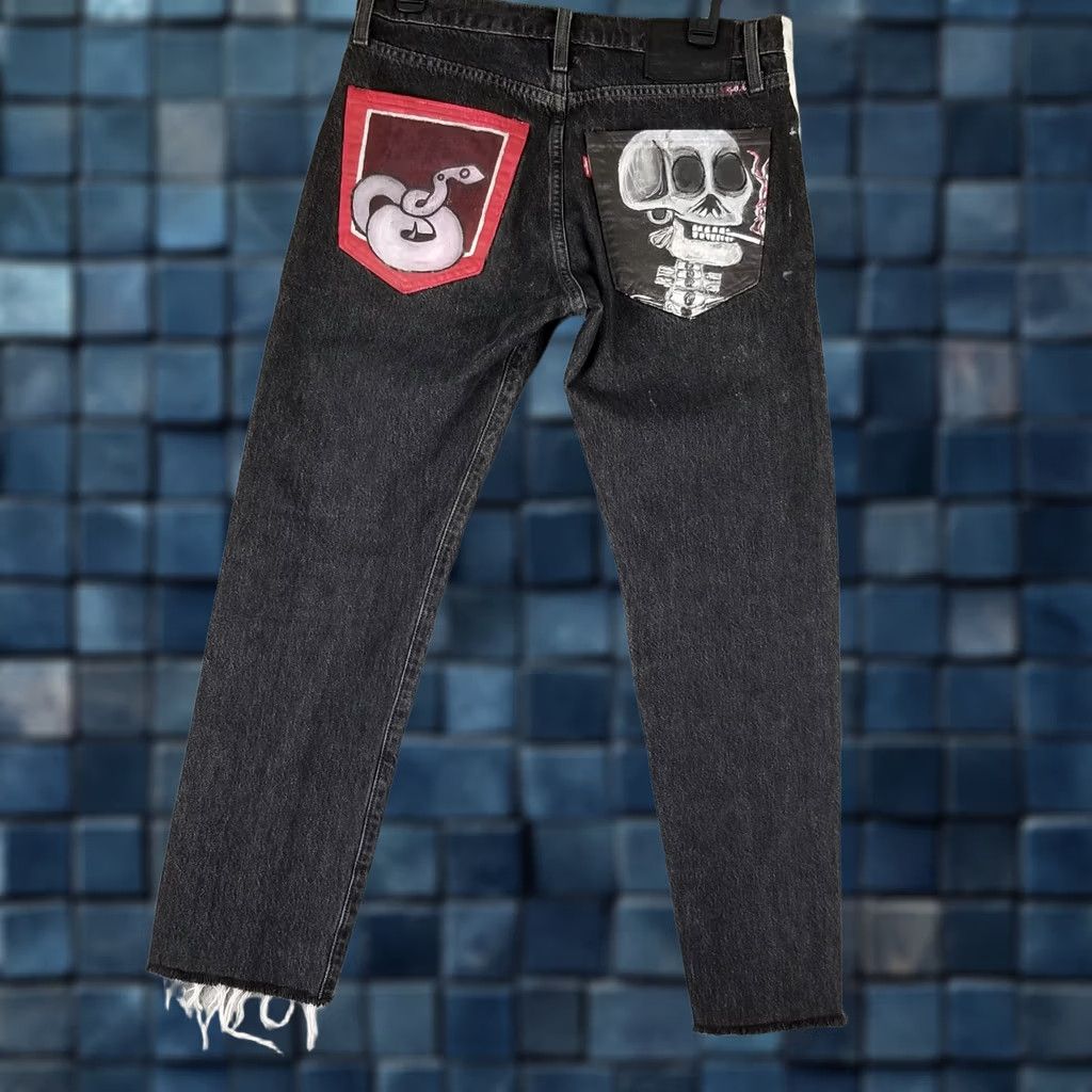 Levi's LEVI'S 512 Jeans 32X26 Slim Distressed Premium Big E Skull Snake Art 5-Pocket Leather Belt Loops Black Denim Unisex Adults Jeans Size US 32 / EU 48 - 1 Thumbnail