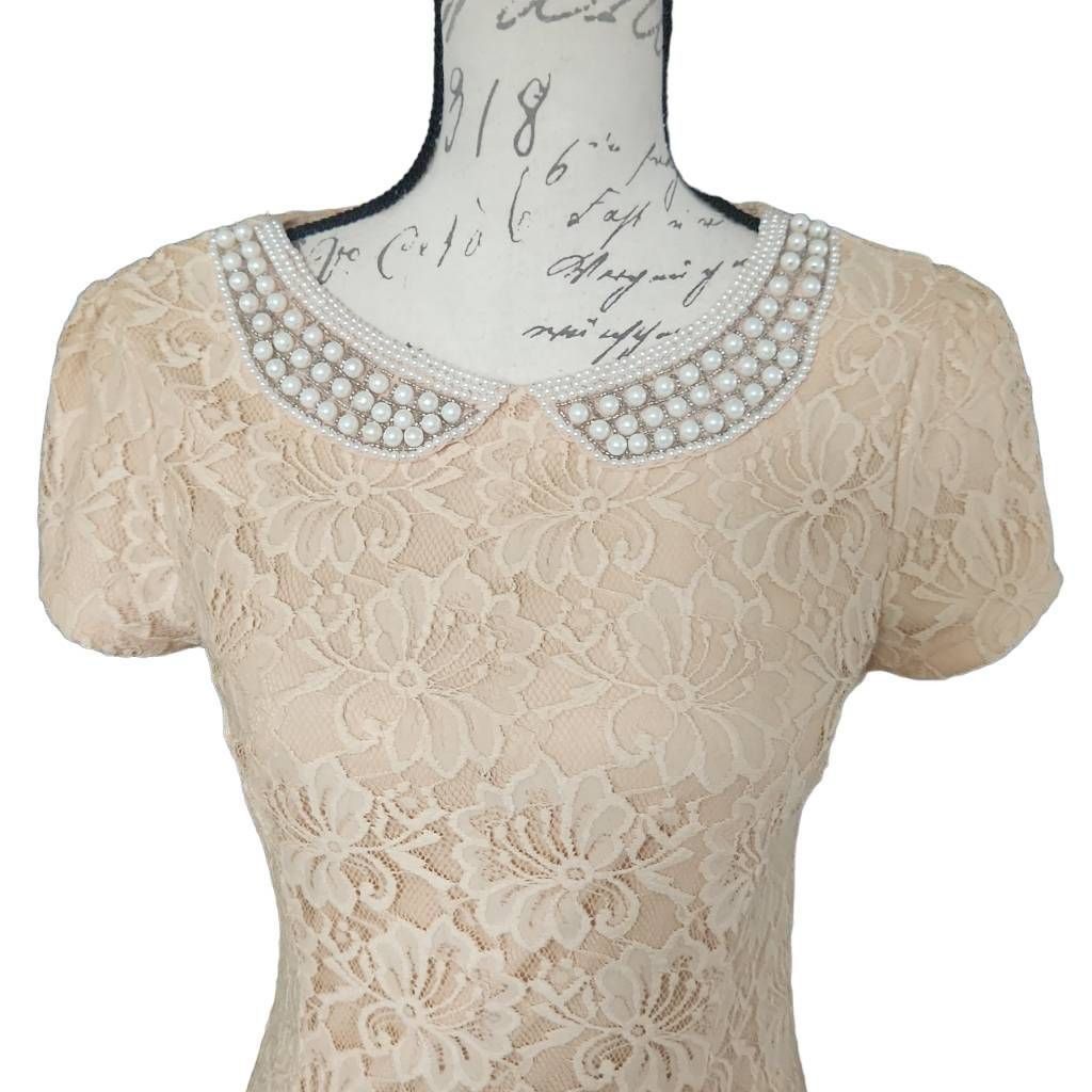 Forever 21 Forever 21 Women's Size Large Beige Pearl Beaded Lace A-Line Dress Size L / US 10 / IT 46 - 8 Thumbnail