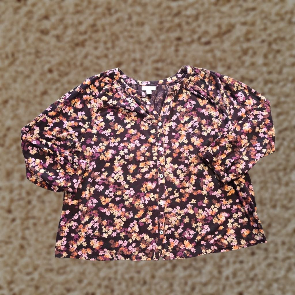 J. Jill J Jill Top Womens L purple burgundy Floral Button Front Casual Career Shirt Blouse Size L / US 10 / IT 46 - 1 Thumbnail