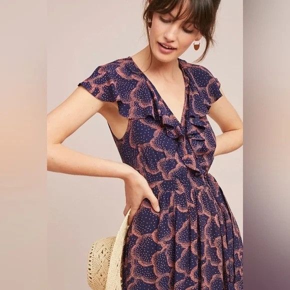Anthropologie Maeve Anthropologie 4 Navy Coral Wrap Dress Ruffle ROSALIA R Size S / US 4 / IT 40 - 10 Thumbnail