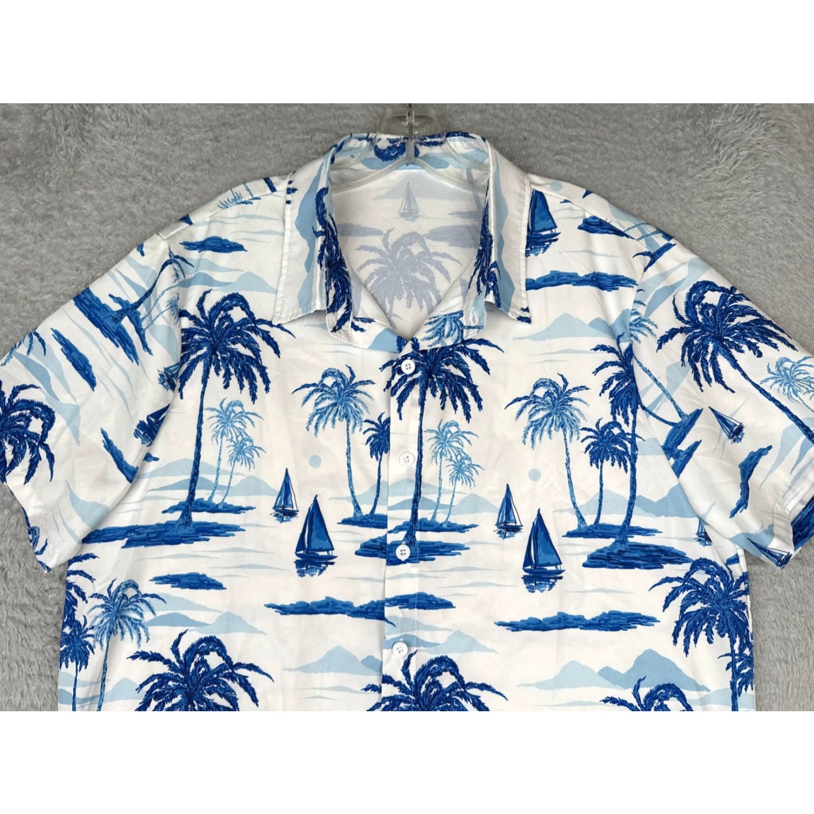 Vintage Hawaiian Shirt Men Large White Blue Floral Sailboat Palm Tree Polyester Blend Mens Size US L / EU 52-54 / 3 - 4 Thumbnail