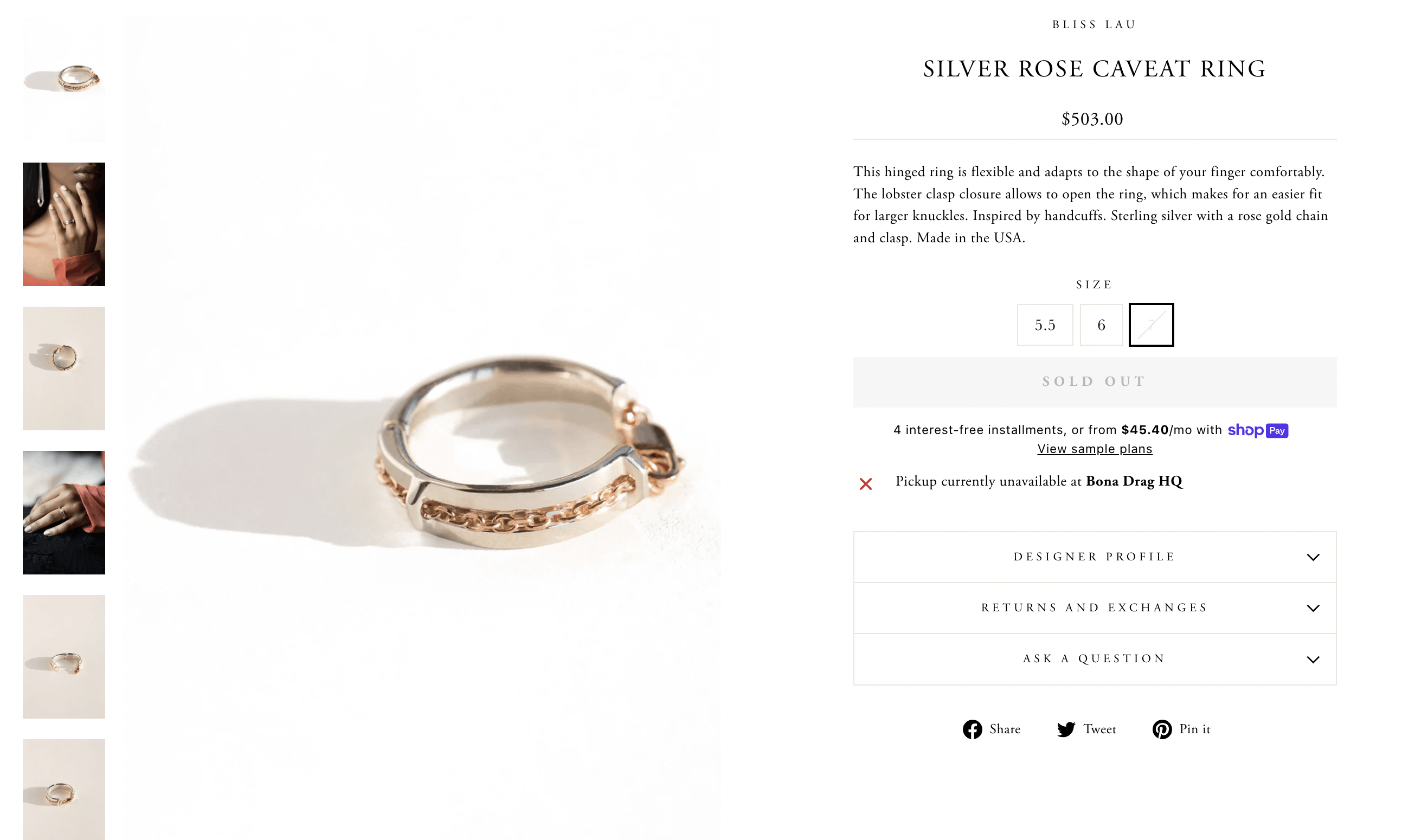 Other Bliss Lau Gold Plated Caveat Ring Size ONE SIZE - 1 Thumbnail