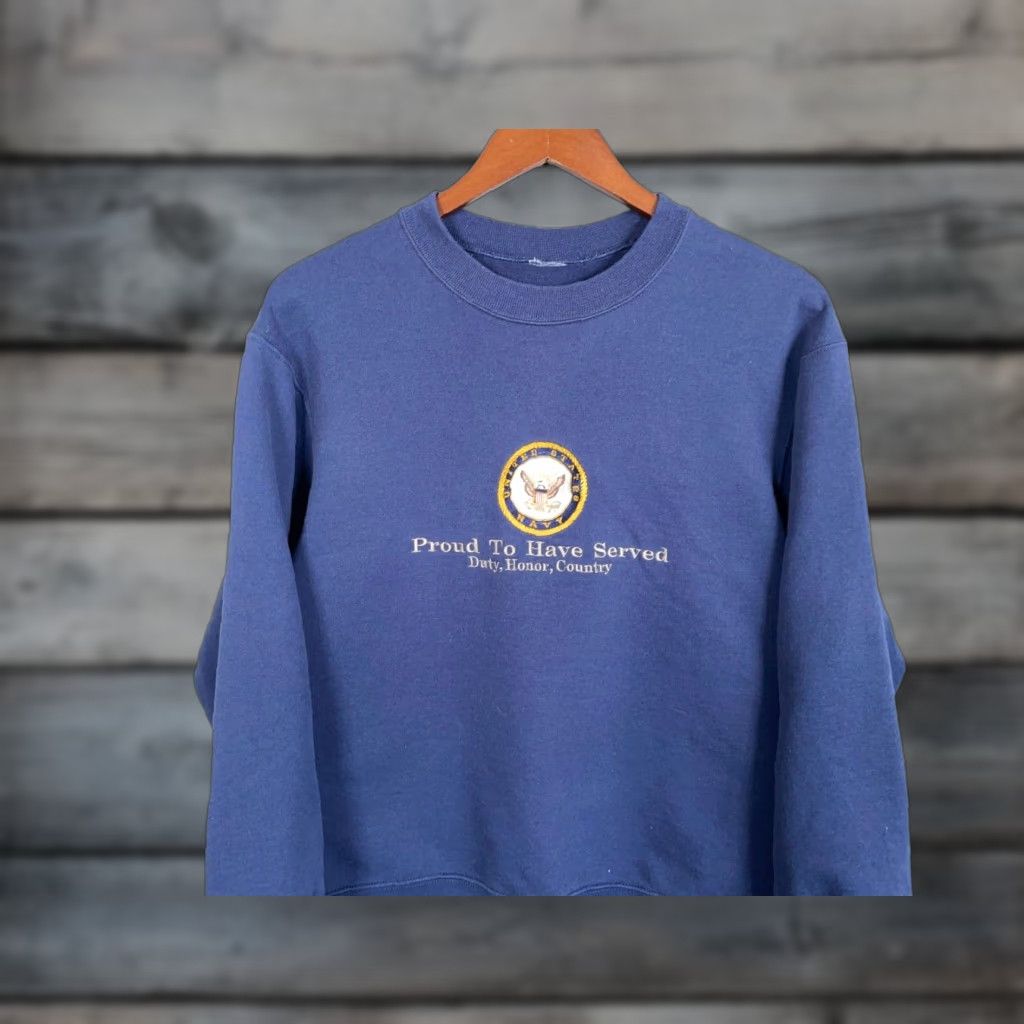 VTG US Navy Proud to Serve Embroidered Sweatshirt Adult Small Dark Blue