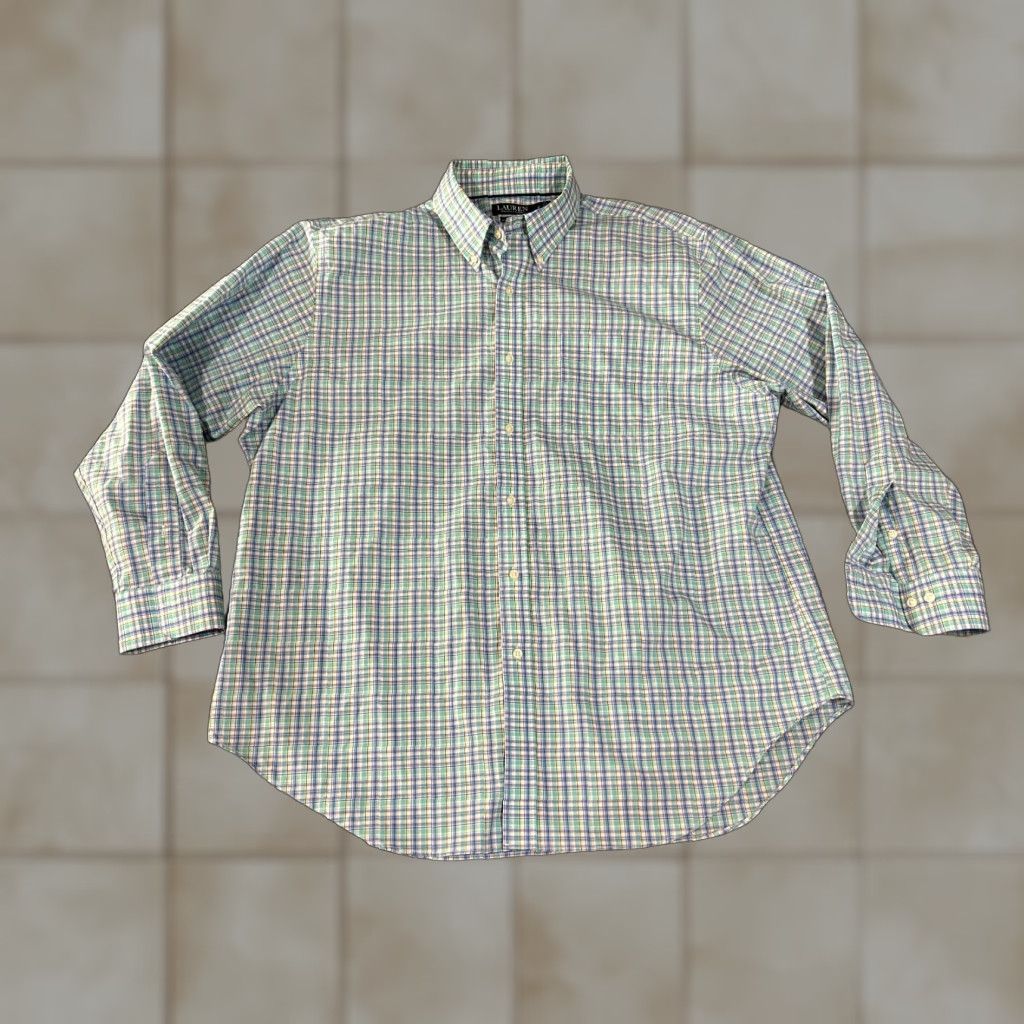 Ralph Lauren Lauren Ralph Lauren Dress Shirt Mens 18 34 35 Blue Green Plaid Classic Fit Stret Size 48R - 1 Thumbnail