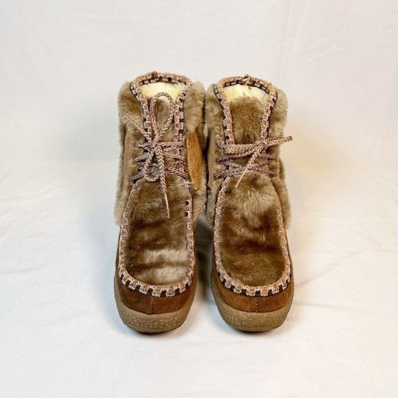 Other Vintage 70s Snow Land Brown Suede Faux Fur Wedge Ankle Boots Size US 8 / IT 38 - 3 Thumbnail