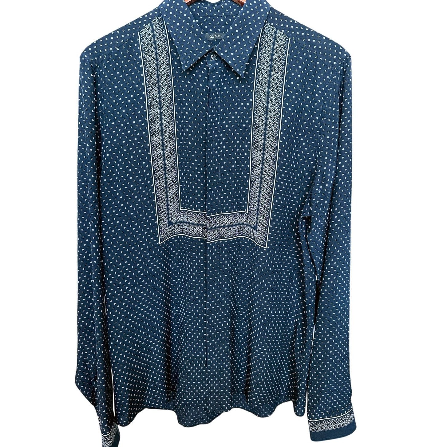 Gucci 2014 Navy Tile Pattern Silk Twill Shirt Slim fit 41 / 16 Size US L / EU 52-54 / 3 - 14 Thumbnail
