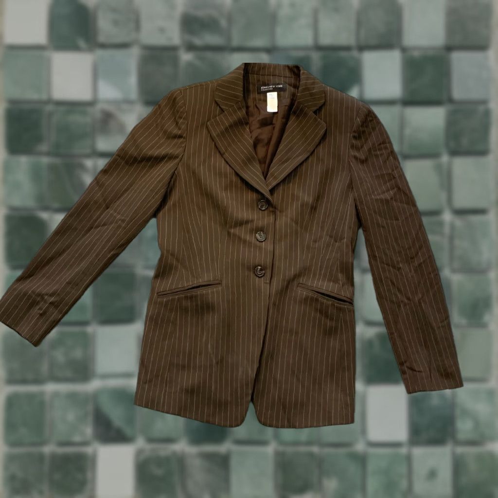 Jones New York Jones New York Blazer Jacket Women Pinstripe Brown Wool 96% Stretch Size 4 Long Sleeve Regular Fit Vintage No Size S / US 4 / IT 40 - 1 Thumbnail