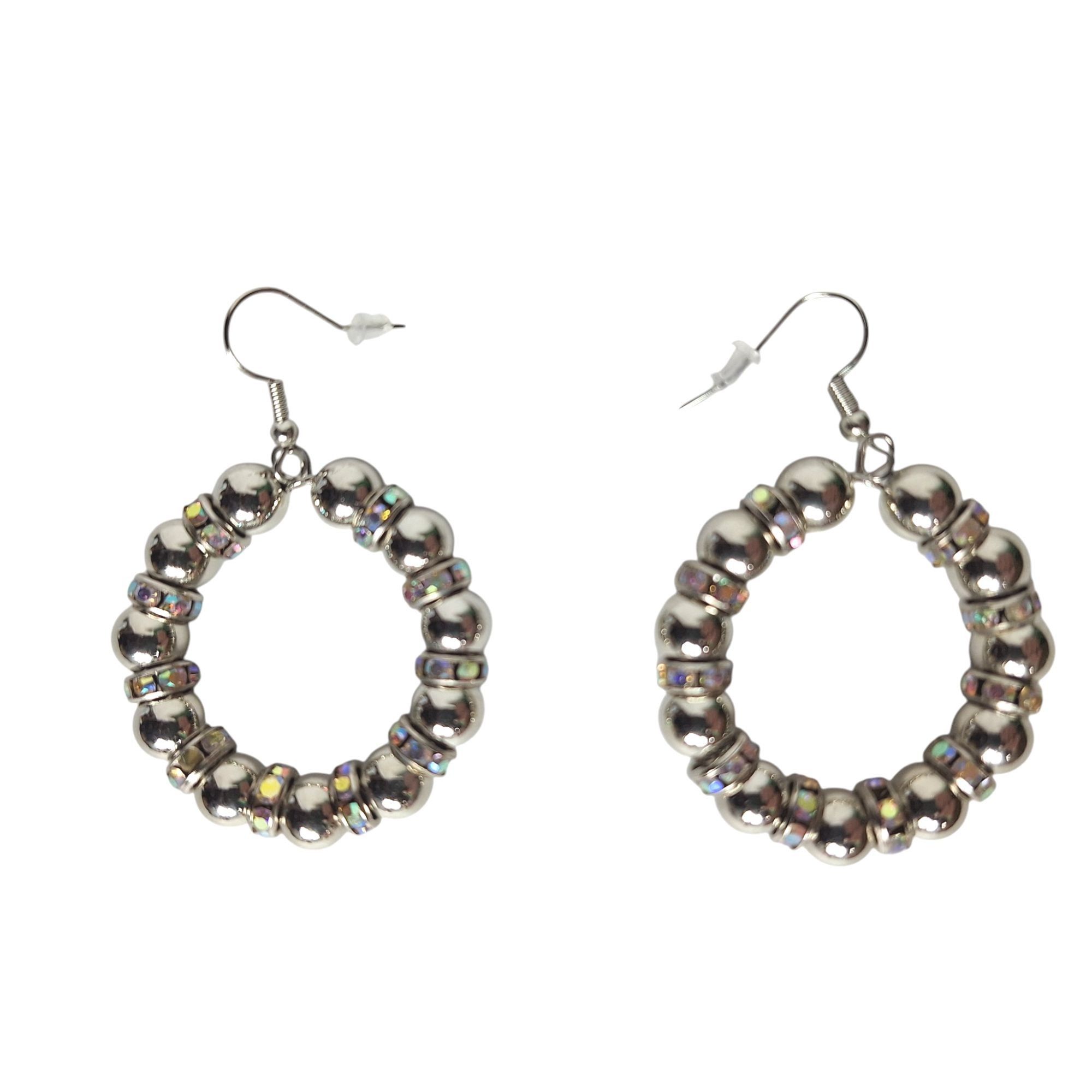Other Silver Tone Beaded Hoop Earrings Iridescent Rhinestone Disco Size ONE SIZE - 1 Thumbnail
