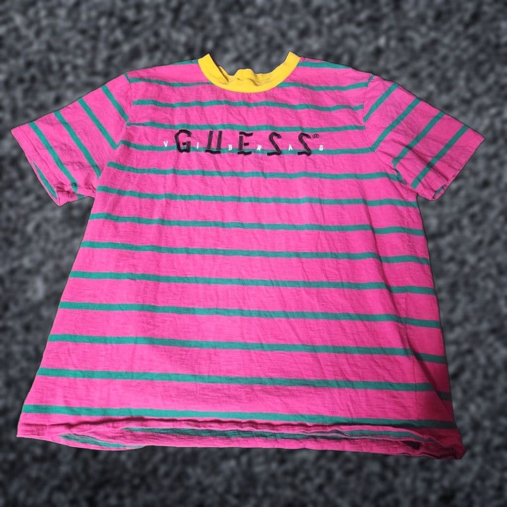 Guess GUESS x J Balvin Vintage Striped Logo T-Shirt Mens XL Pink Size US XL / EU 56 / 4 - 1 Thumbnail