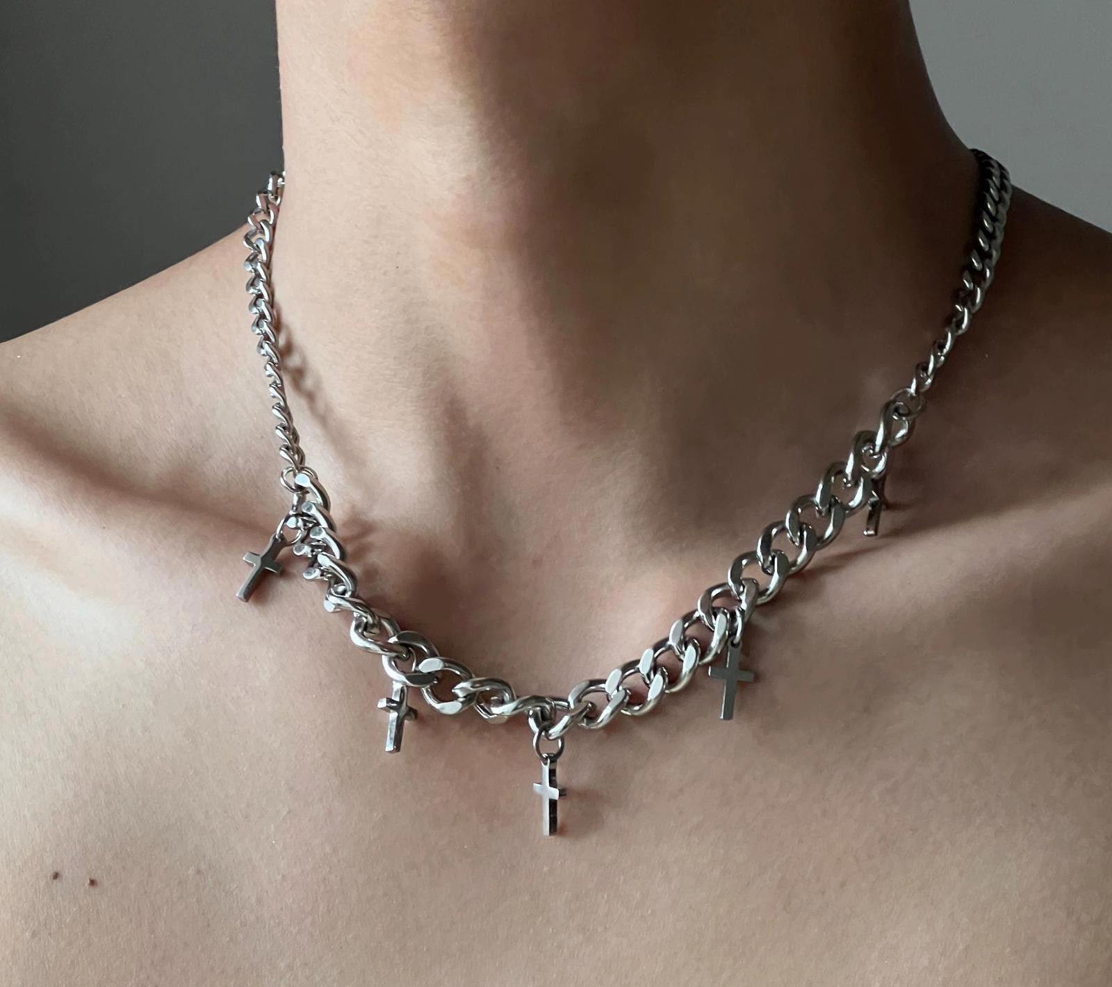 Jewelry Silver Chain Necklace with Cross Charms Size ONE SIZE - 1 Thumbnail
