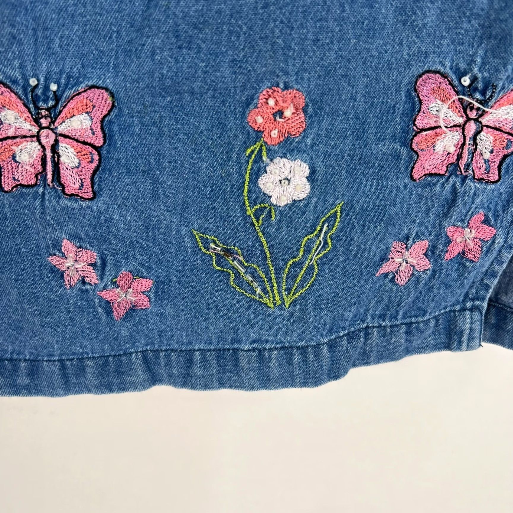 Denime Vintage CG Sport Women's Denim Shirt Short Sleeve Embroidered Butterfly Animal Print Blue Size M Size M / US 6-8 / IT 42-44 - 2 Thumbnail
