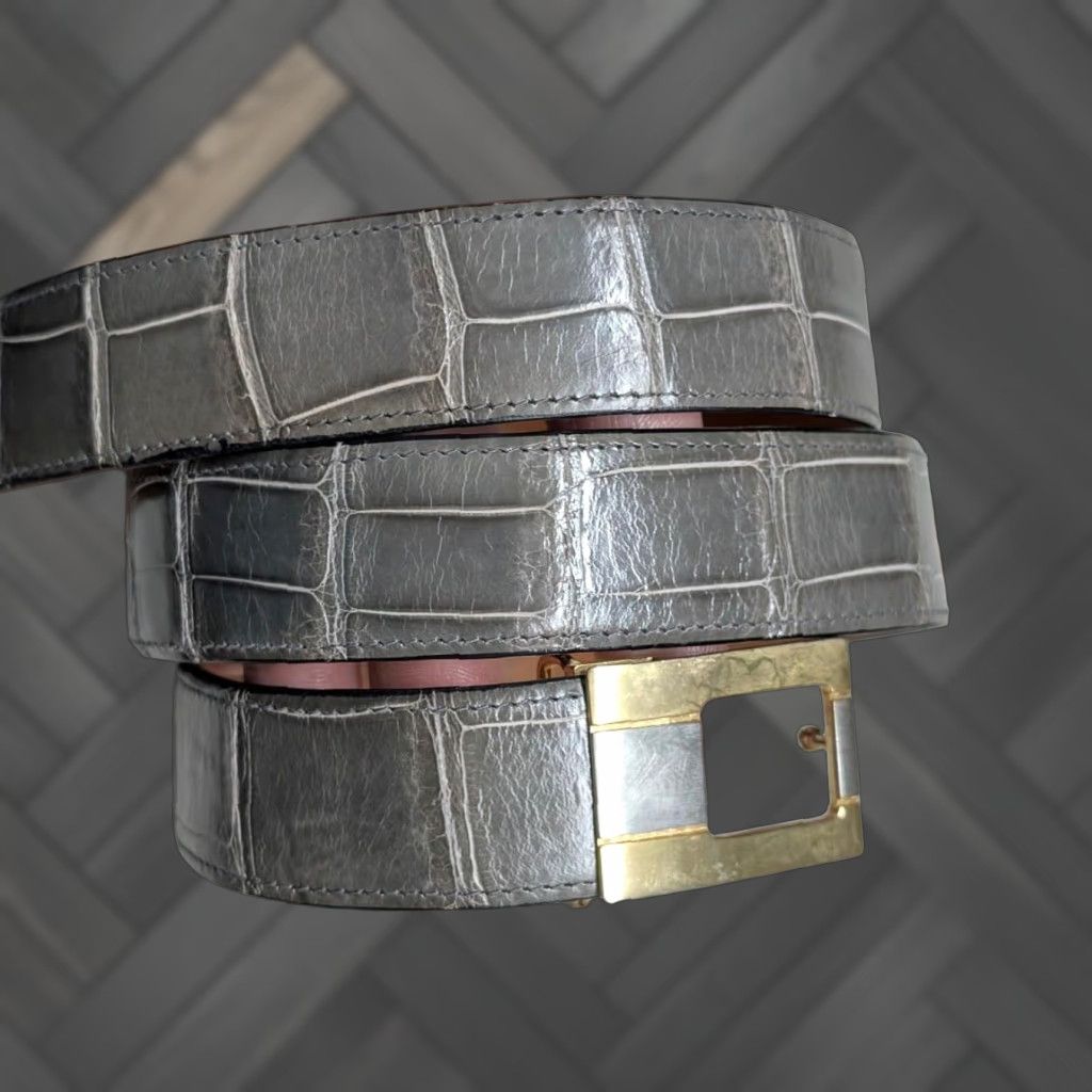 Vintage ZILLI belt CROCODILE golden buckle 42 made in FRANCE gray-brown-green Dress Belt Men 41/42 1-1/8" width Size 42 - 1 Thumbnail