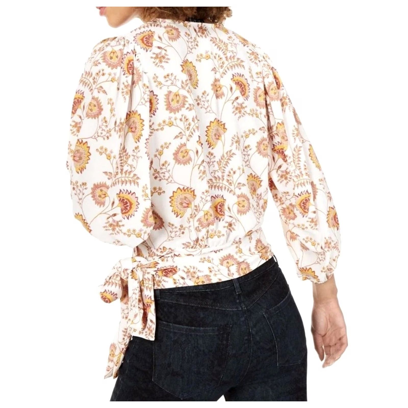 Vintage 1. STATE Blouse Womens Large White Floral Wrap Tie Waist V Neck 3/4 Sleeve Top Size L / US 10 / IT 46 - 2 Thumbnail