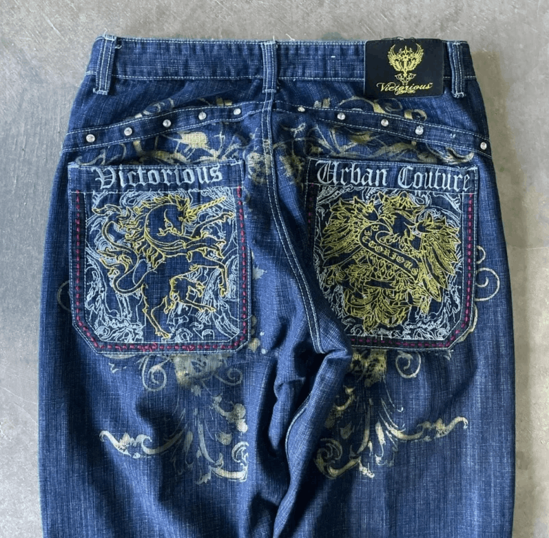 Japanese Brand Pop Pattern Geometric Embroidery Baggy Jeans Size US 30 / EU 46 - 2 Thumbnail