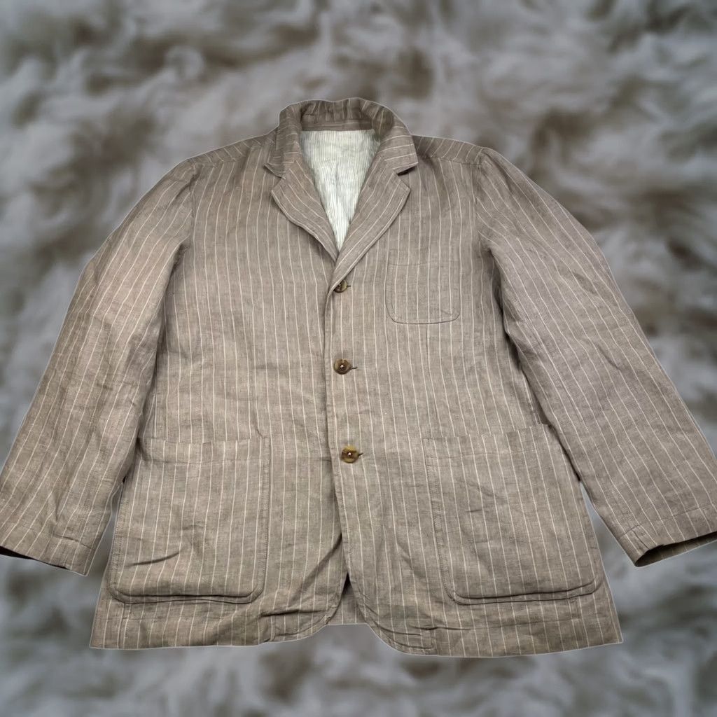 Neiman Marcus Neiman Marcus Blazer Jacket 100% Linen Brown Stripe 3-Button Notch Lapel Regular L Mens Italy Size 42R - 1 Thumbnail