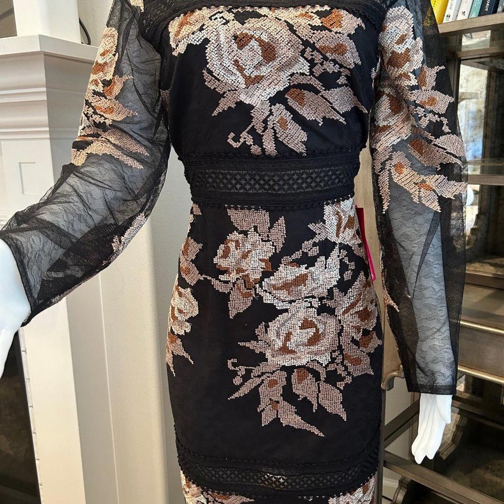 Designer Belle Badley Mischka Floral Sheer Sleeves Dress Size L / US 10 / IT 46 - 4 Thumbnail