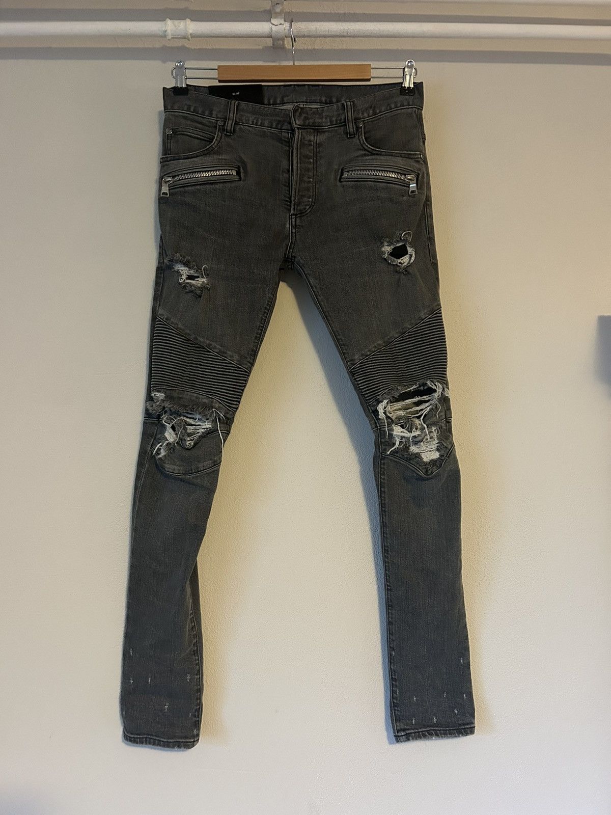 Balmain Grey Biker Jeans, Size 29