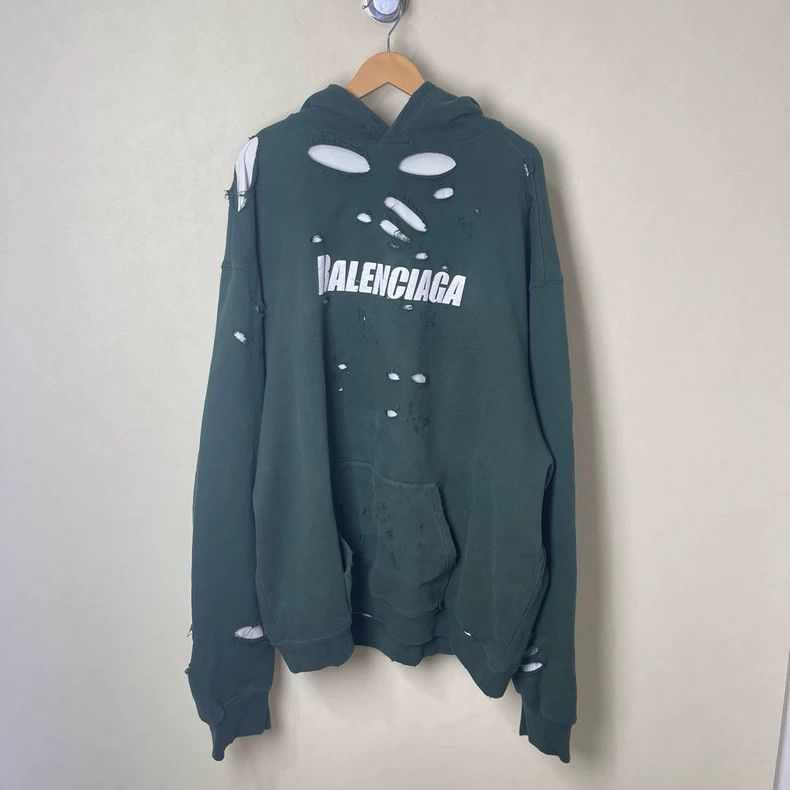 Balenciaga Balenciaga Green Distressed Hoodie Sweatshirt Size US M / EU 48-50 / 2 - 1 Thumbnail