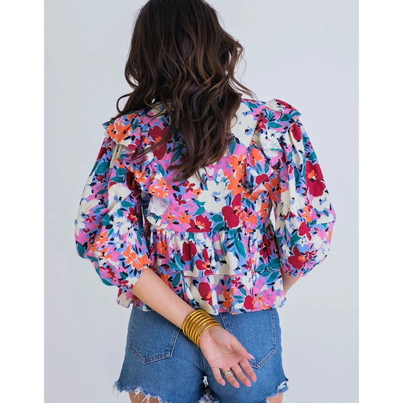 Other KARLIE Linen Floral V Neck Ruffle Top Pink Half Sleeve Med Size M / US 6-8 / IT 42-44 - 8 Thumbnail