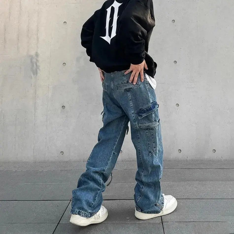 Japanese Brand Cargo Jeans Big Pocket Loose Vaqueros Pantalones Hombre Size US 32 / EU 48 - 4 Thumbnail