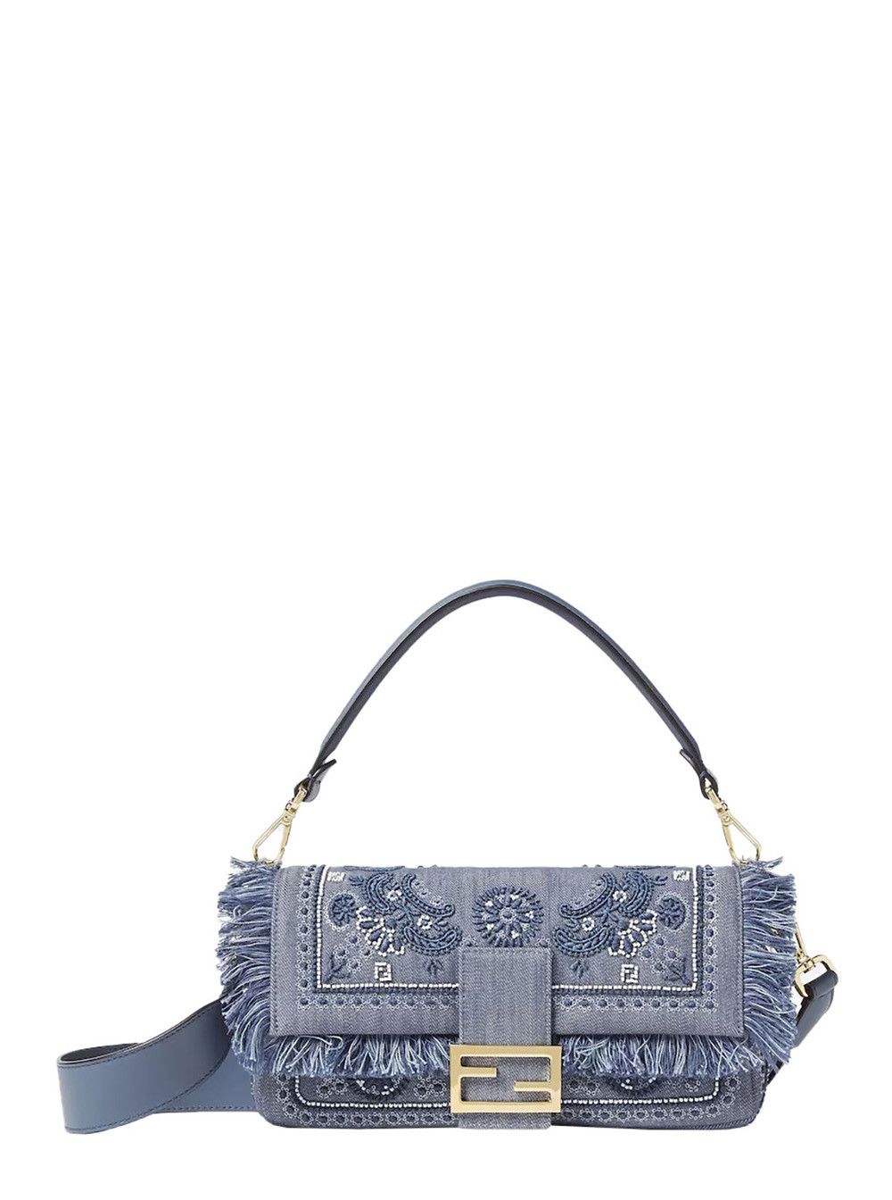 Fendi 'baguette' Blue Shoulder Bag With All-Over Embroidery And Ff Plaque In Denim Woman, Women's
