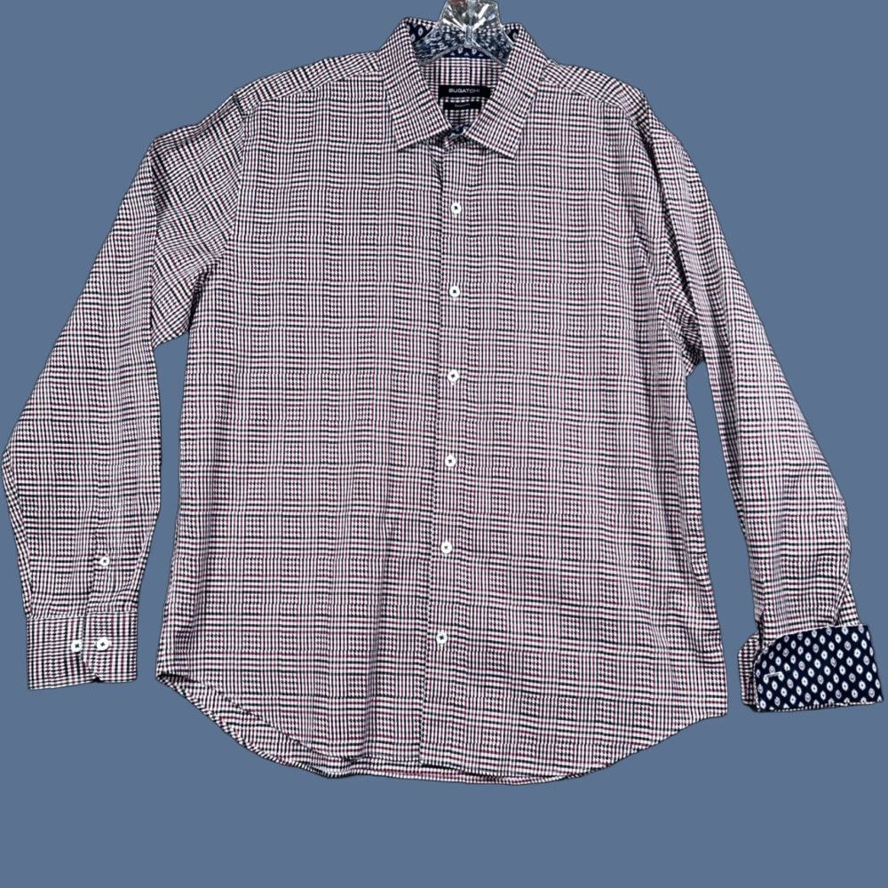 BUGATCHI BUGATCHI Shirt Mens XL Red Black Check Button-Up Collared Spread Classic Colorful Bag Size US XL / EU 56 / 4 - 1 Thumbnail