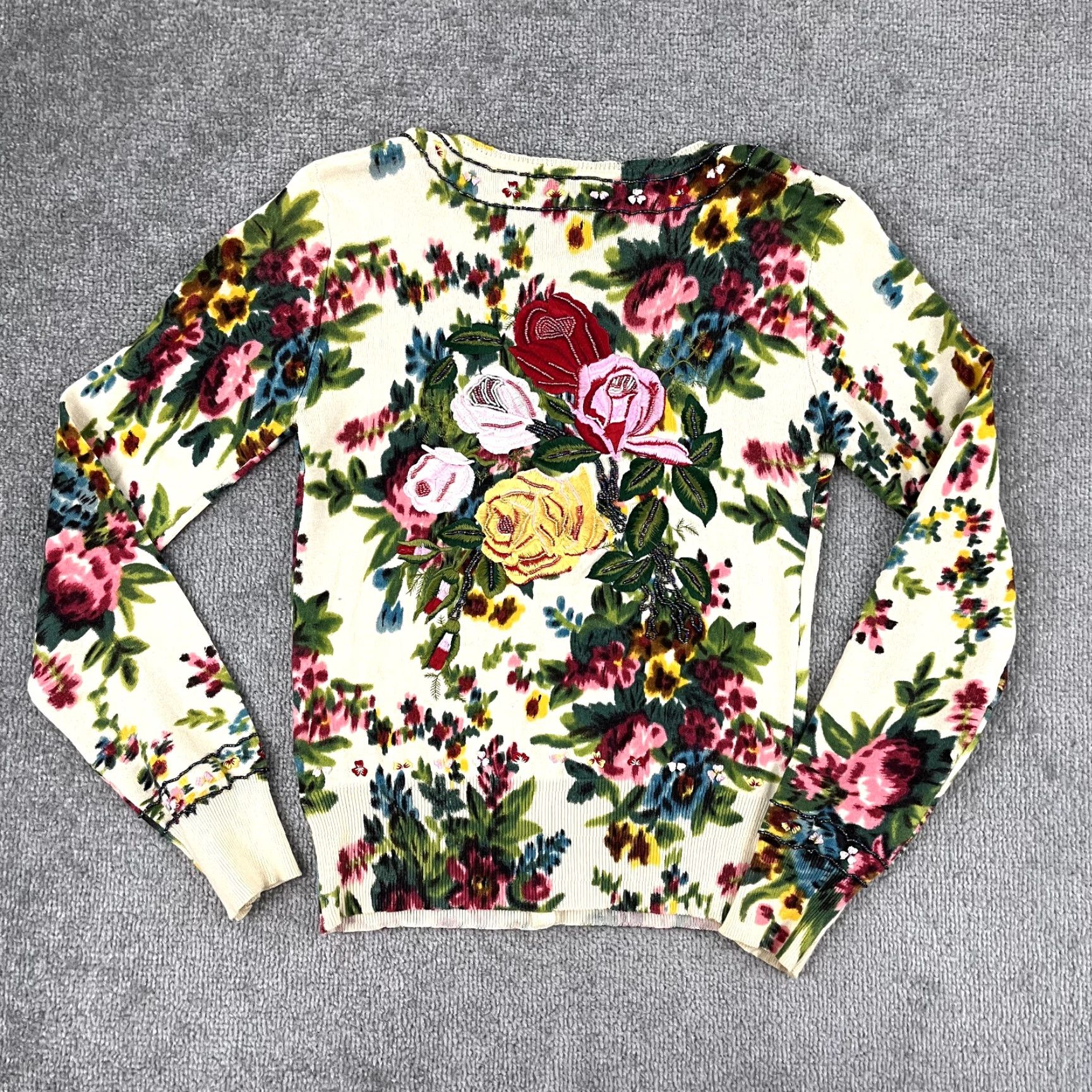 Anthropologie Anthropologie CHARLOTEE TARANTOLA Cardigan Sweater Womens Petite Small Floral Beaded Button Up Multicolor Classic 3/4 Sleeve Size S / US 4 / IT 40 - 2 Thumbnail