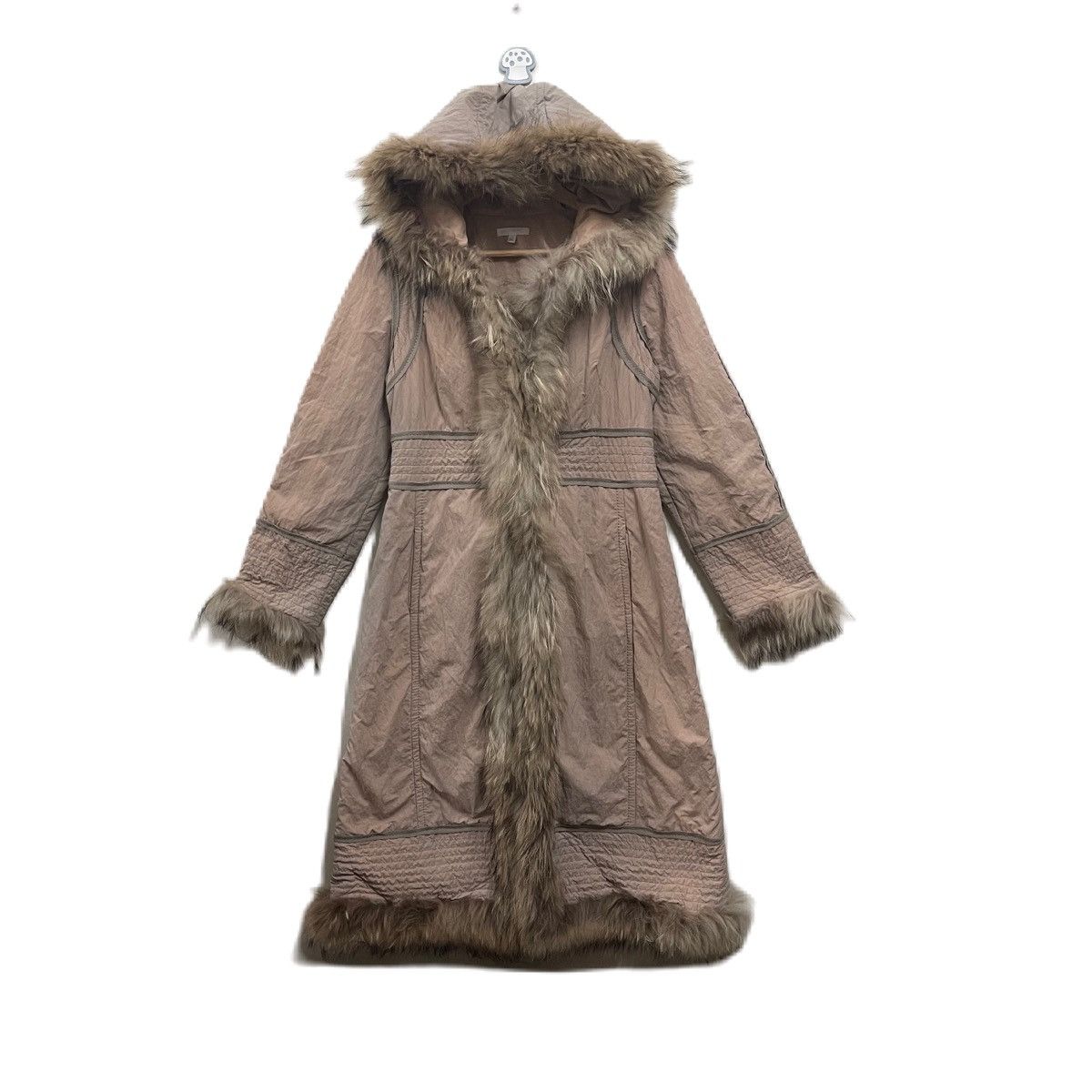 image of Designer Paule Ka Long Coat With Marmot Fur Trim Hoodie in Tan, Women's (Size Small)