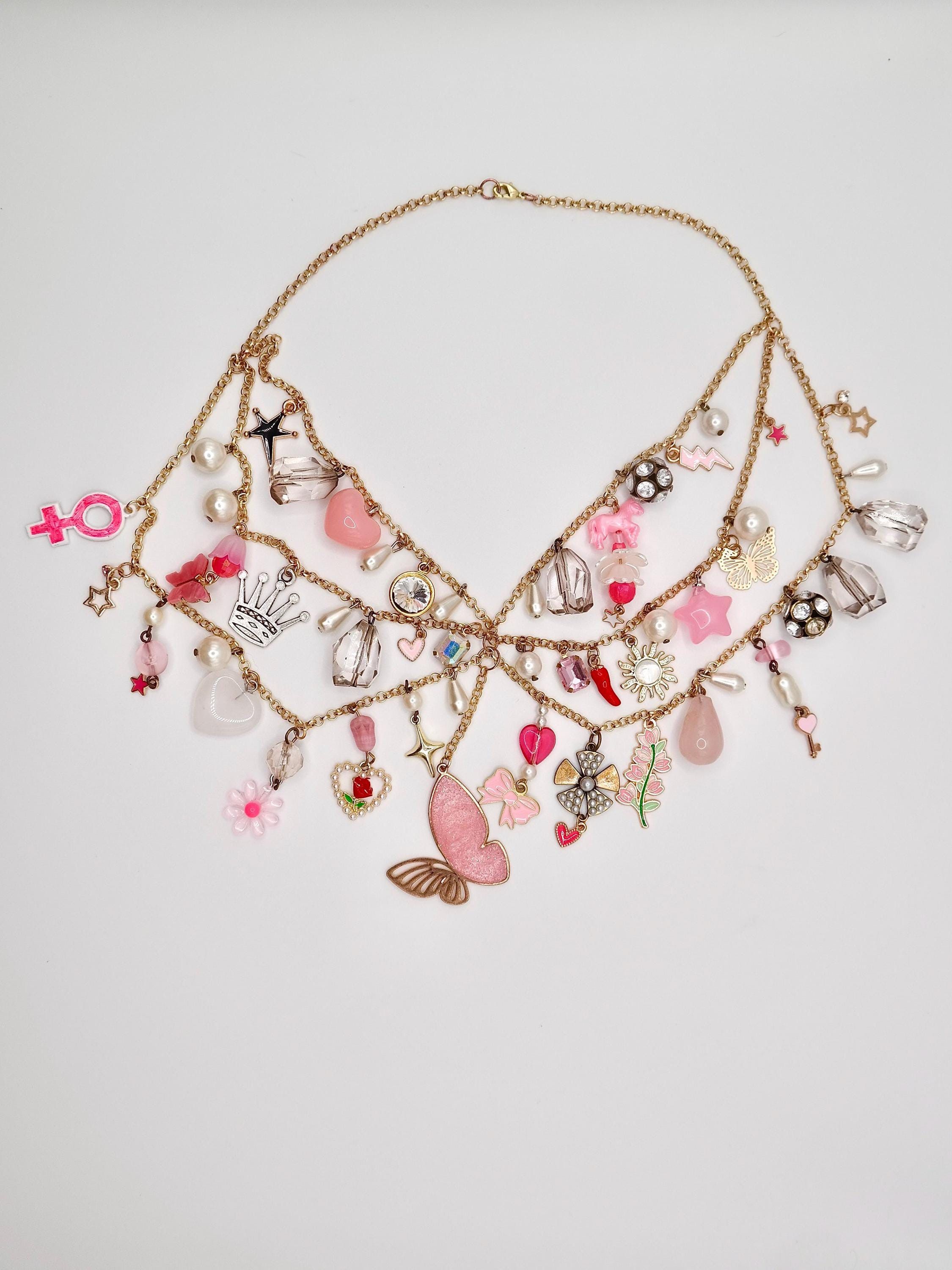 Handmade Manic Pixie Dream Girl Pink & Gold Charm Necklace Size ONE SIZE - 1 Thumbnail