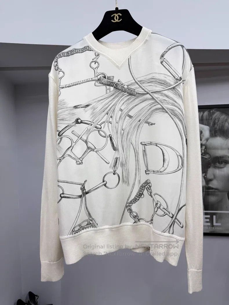 Hermes Hermes White Printed Silk Blended Top Size XXS / US 00 / IT 34 - 1 Thumbnail