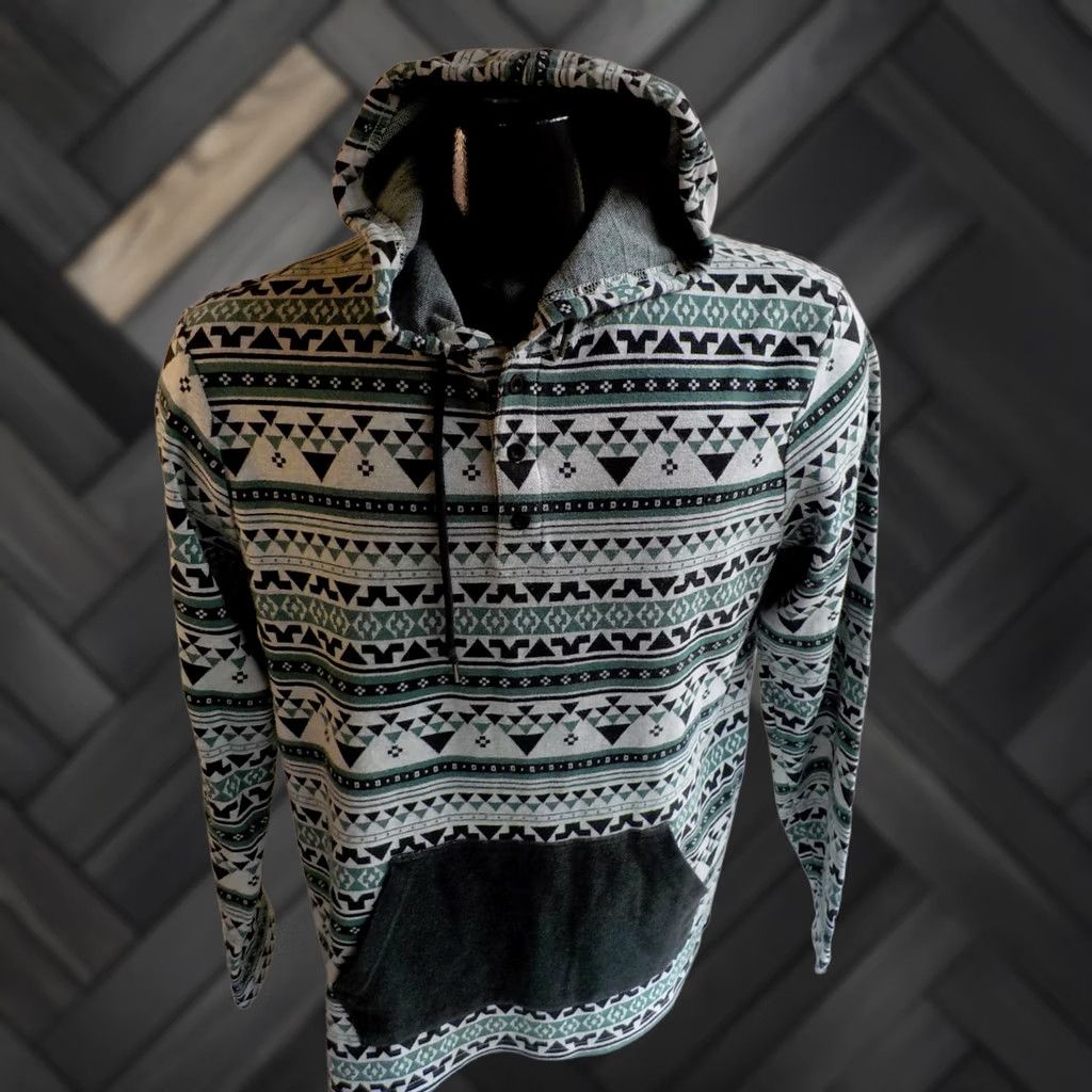 Vintage ON THE BYAS LS Hooded Pullover Aztec Print Shirt Gray Green Black XL Adult Pullover Hooded Kangaroo Pocket Mens Aztec 90s Era Style Size US L / EU 52-54 / 3 - 1 Thumbnail
